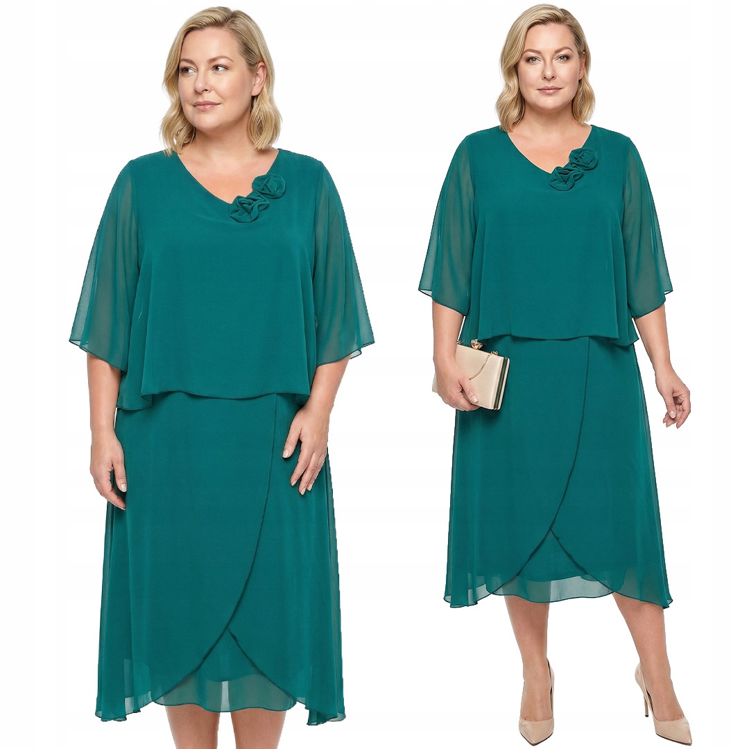 Šaty s růží v barvě lahvově zelené plus size velikost 50