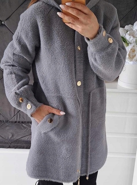 ALPAKA CIEPŁY PŁASZCZ Z KAPTUREM NARZUTKA PRZEJŚCIOWA WEŁNA Model z kapturem