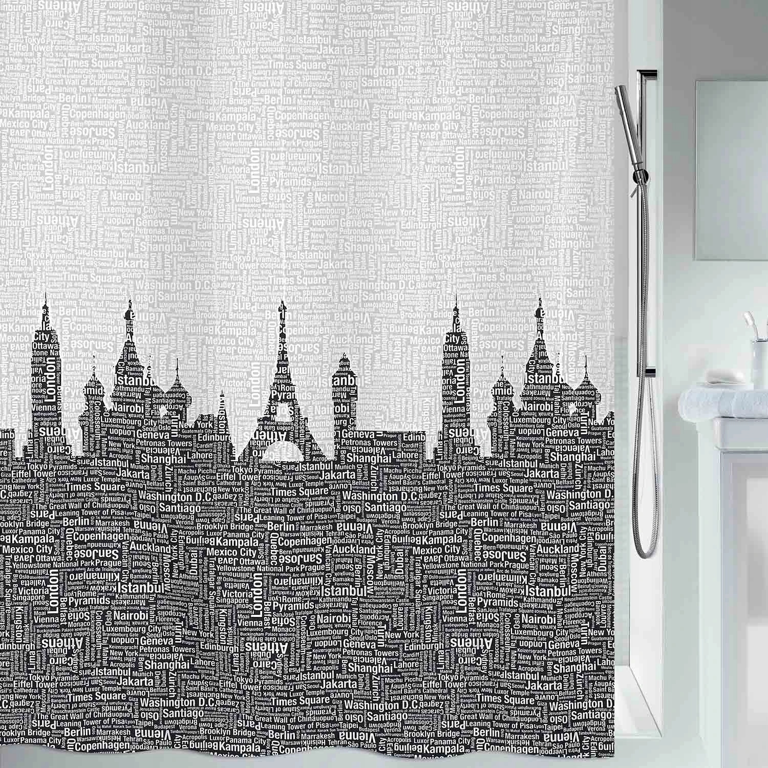 Spirella sprchový závěs Urban, motiv město, šedý, 180 x 200 cm, polyester