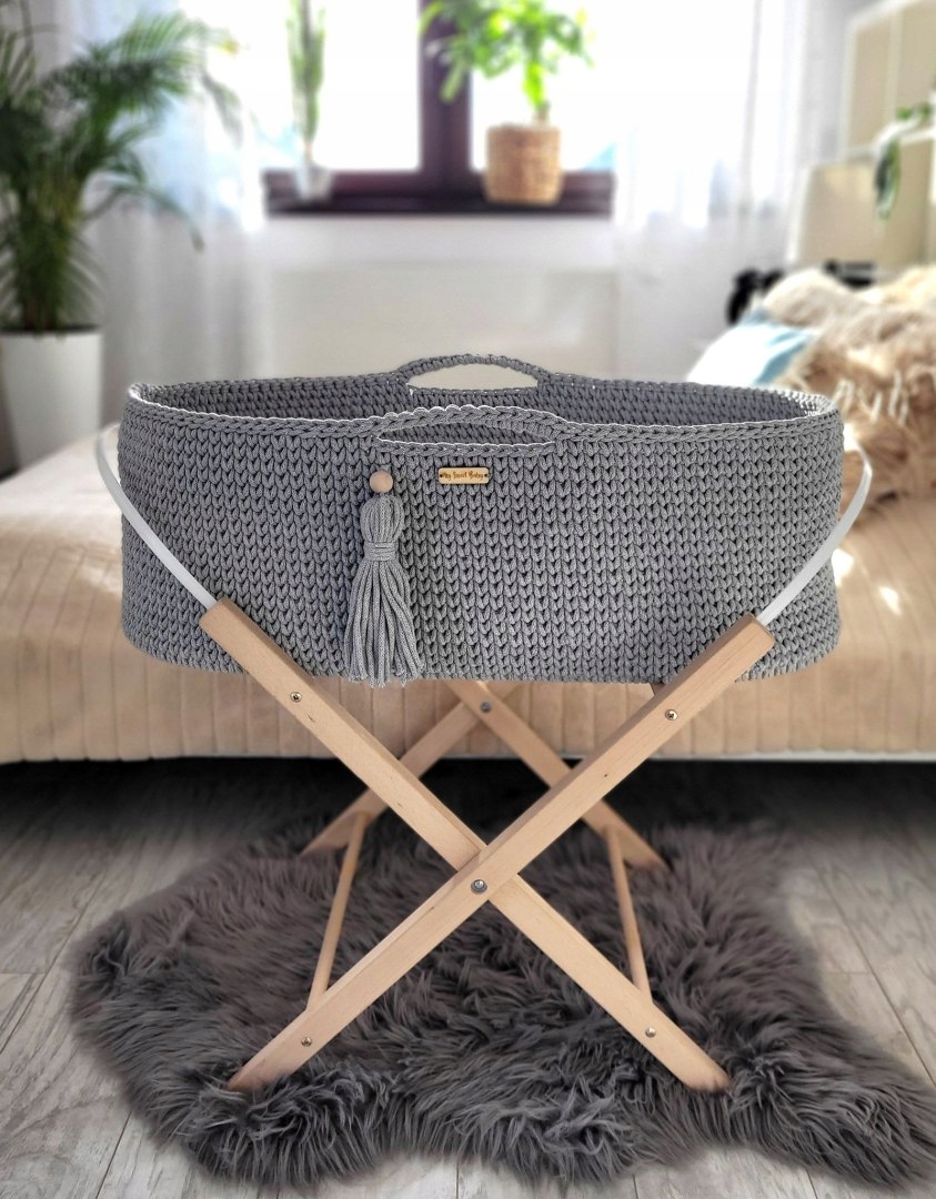 Kosz Mojżesza Boho Handmade ze stojakiem ciemny szary My Sweet Baby