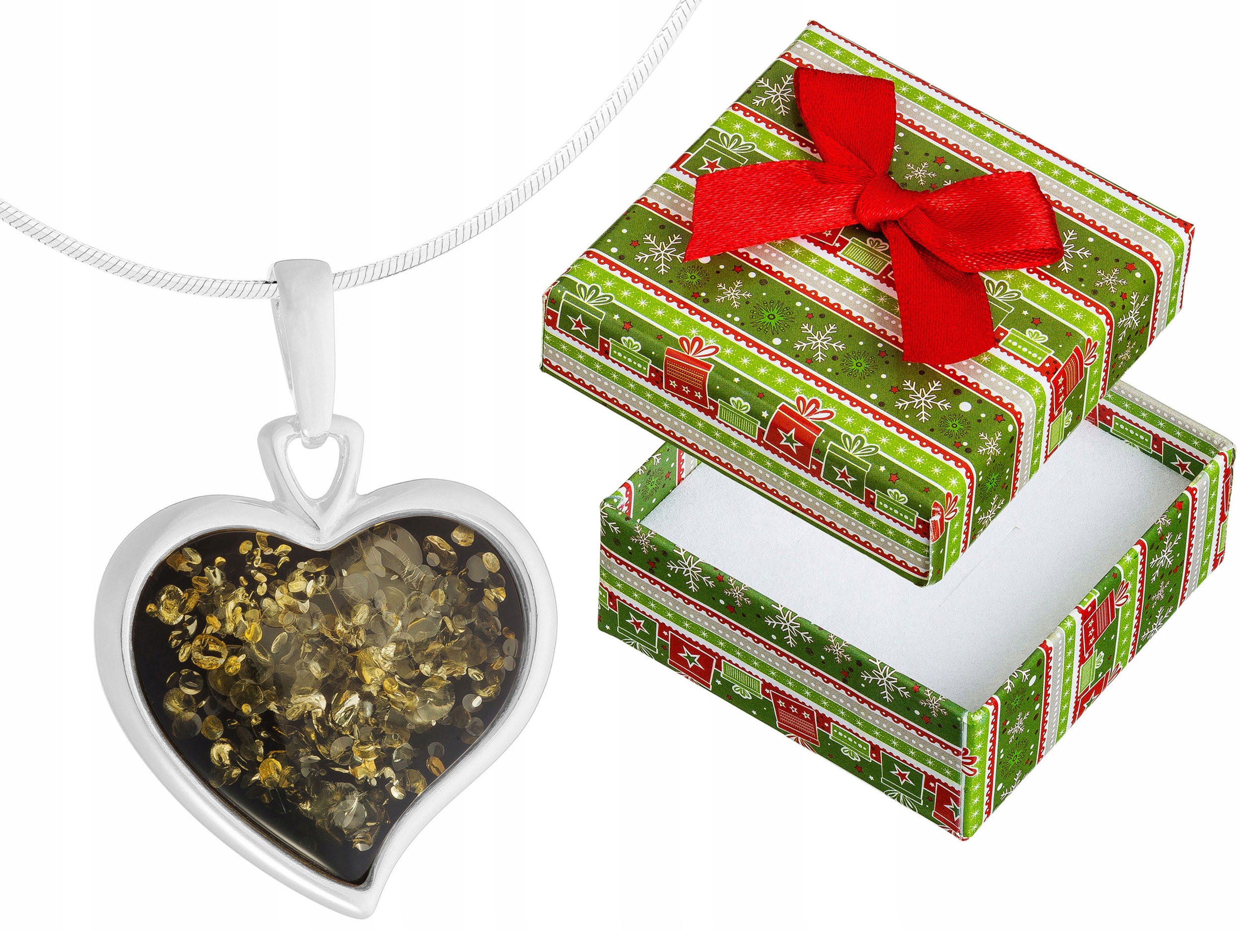 Dlouhý stříbrný dámský náhrdelník s velkým srdcem a zeleným jantarem Stříbro 50