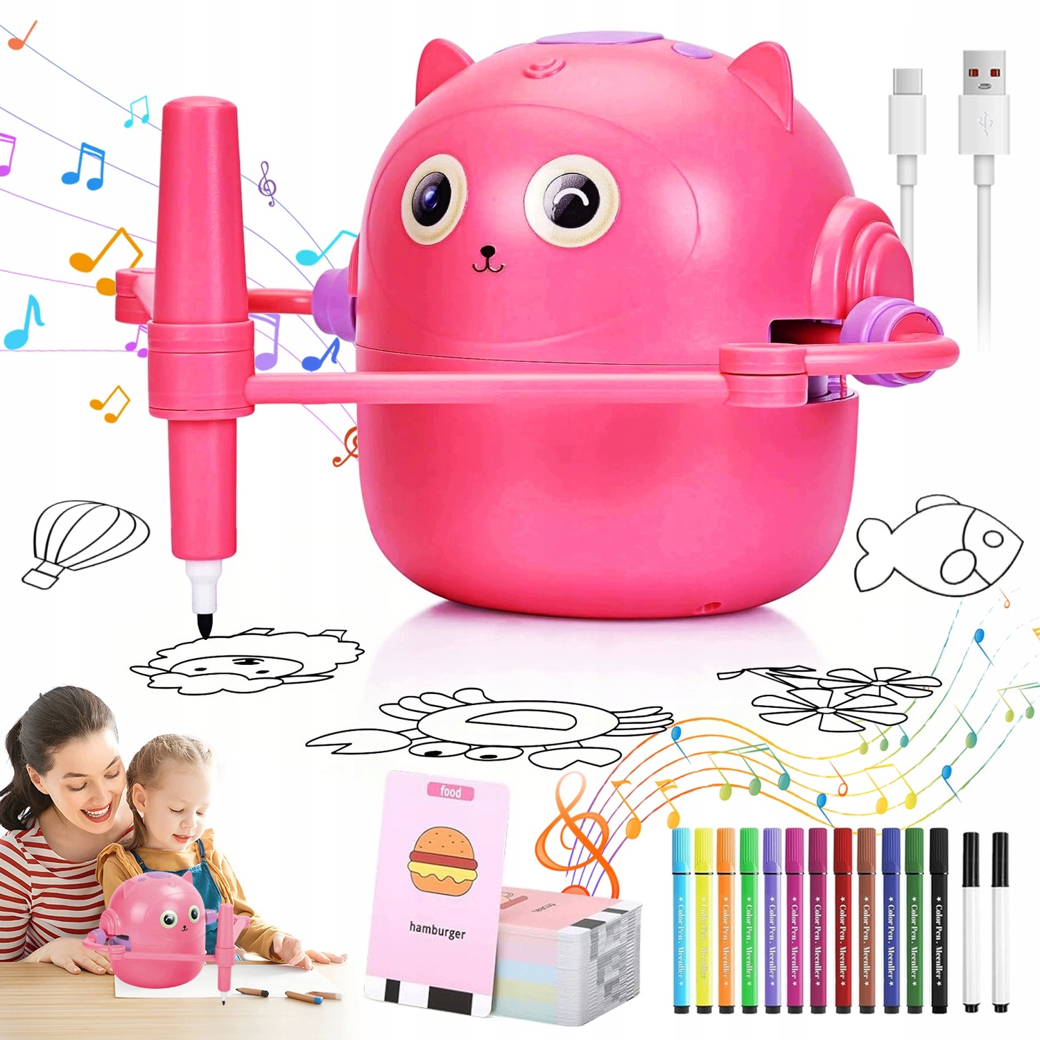 Interaktywny Rysunek Robot Do Nauki Rysowania 100 Kart Edukacyjna Zabawka