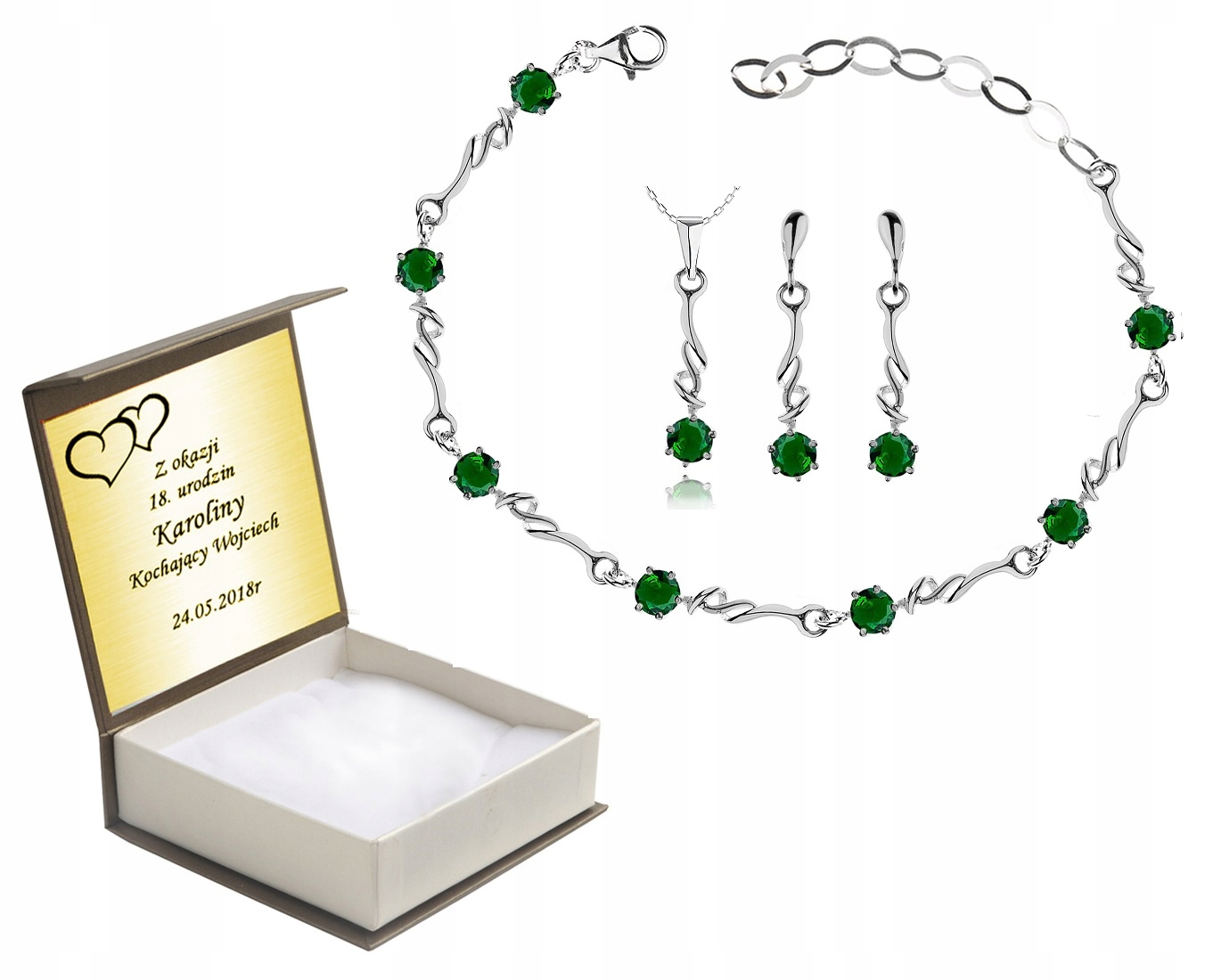 

Komplet Biżuterii Z Zielonymi Cyrkoniami + Grawer