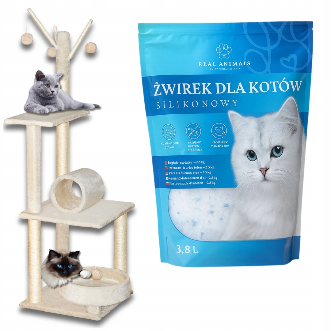 Levně Škrabadlo pro kočky Tomi 130 cm béžové, 5 úrovní Silikonové Stelivo 3,8 L