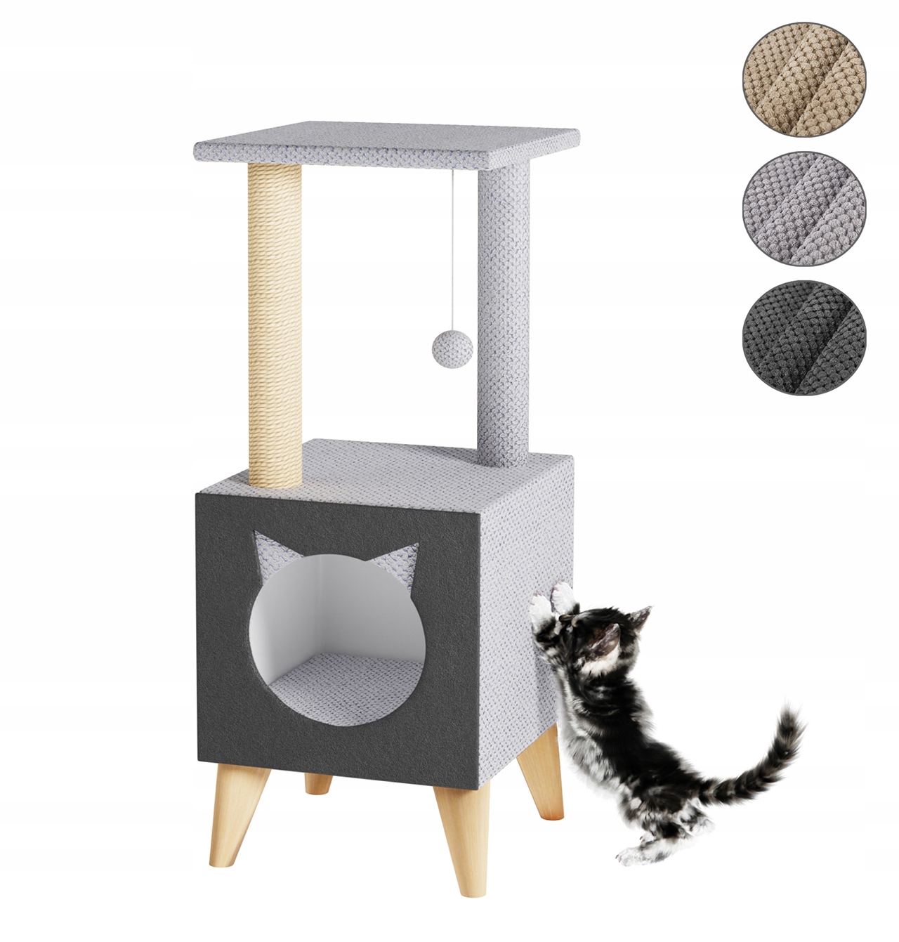 Levně Velké Šedé Škrabadlo XXL Pro Kočky Skandinávský Pelíšek Domeček Sisal Velur