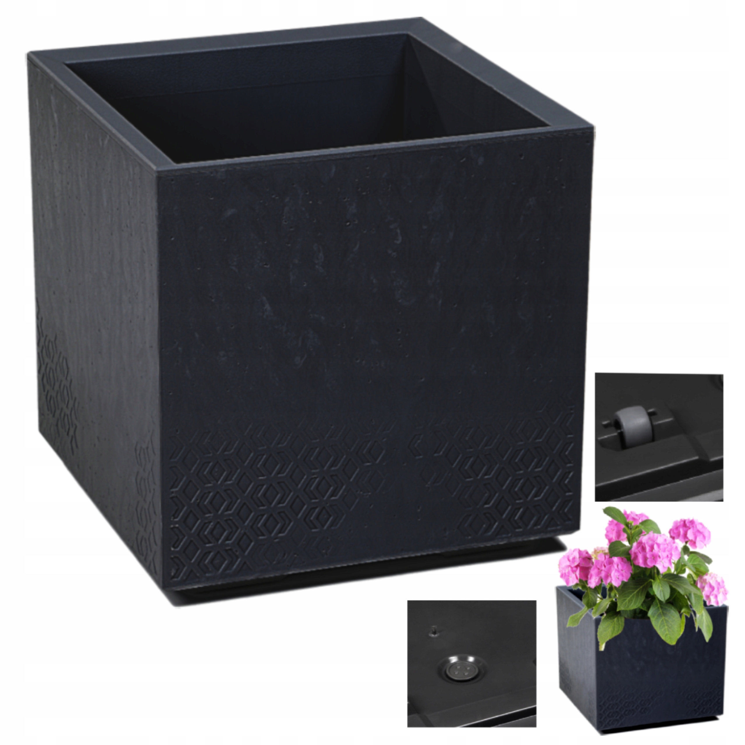 Doniczka Na Kółkach Karo Eco Recycled Efekt Betonu 40x40 Czarny Beton