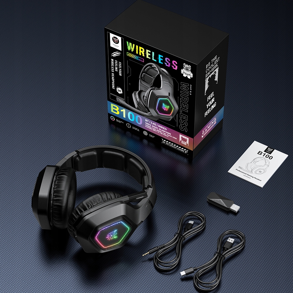 ONIKUMA B100 SŁUCHAWKI BEZPRZEWODOWE GAMINGOWE NAUSZNE BT 5.3 RGB 2.4 GHZ Mikrofon tak
