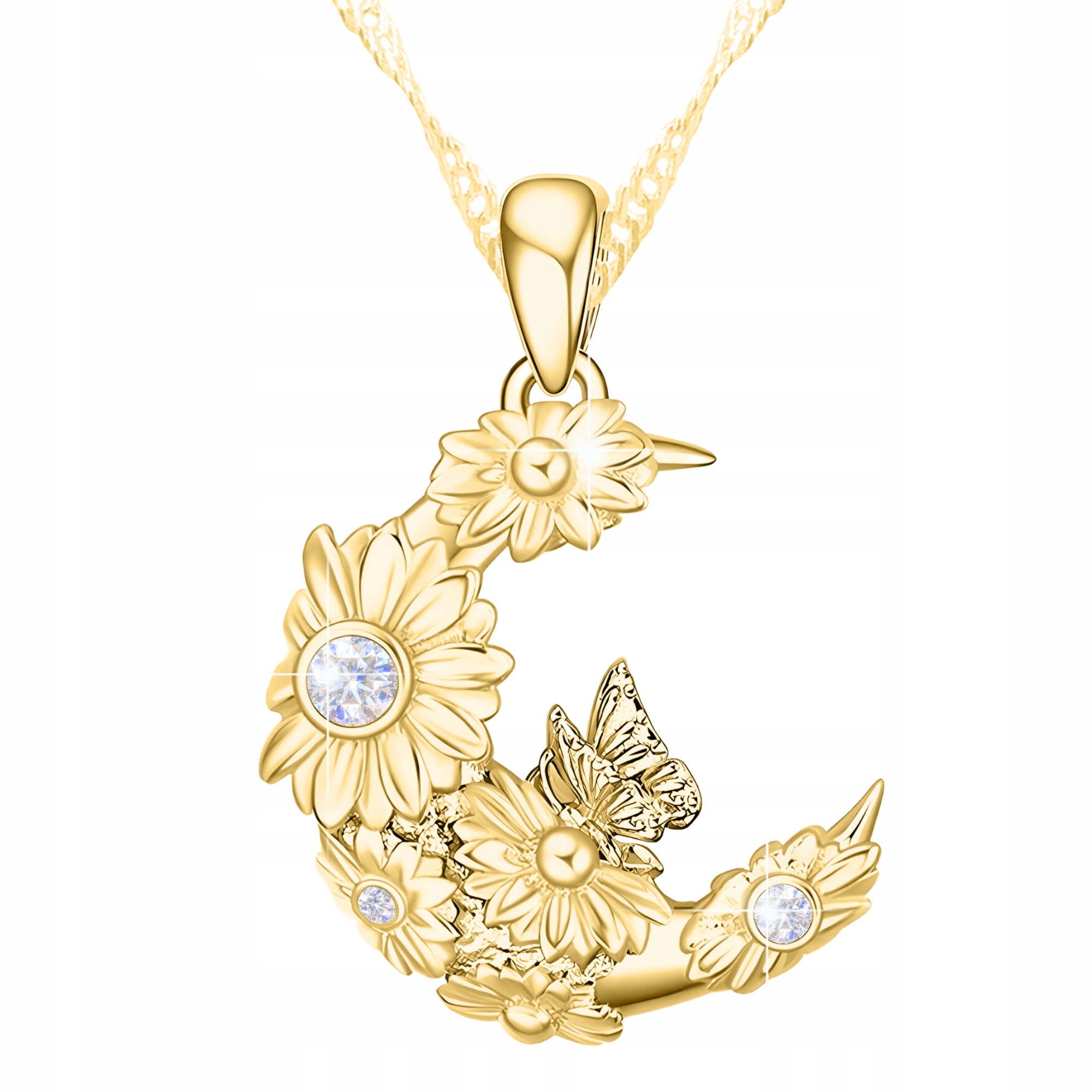 Zlatý Náhrdelník 925 Půlměsíc s Motýlem Měsíc Květ Života Pozlacený 585