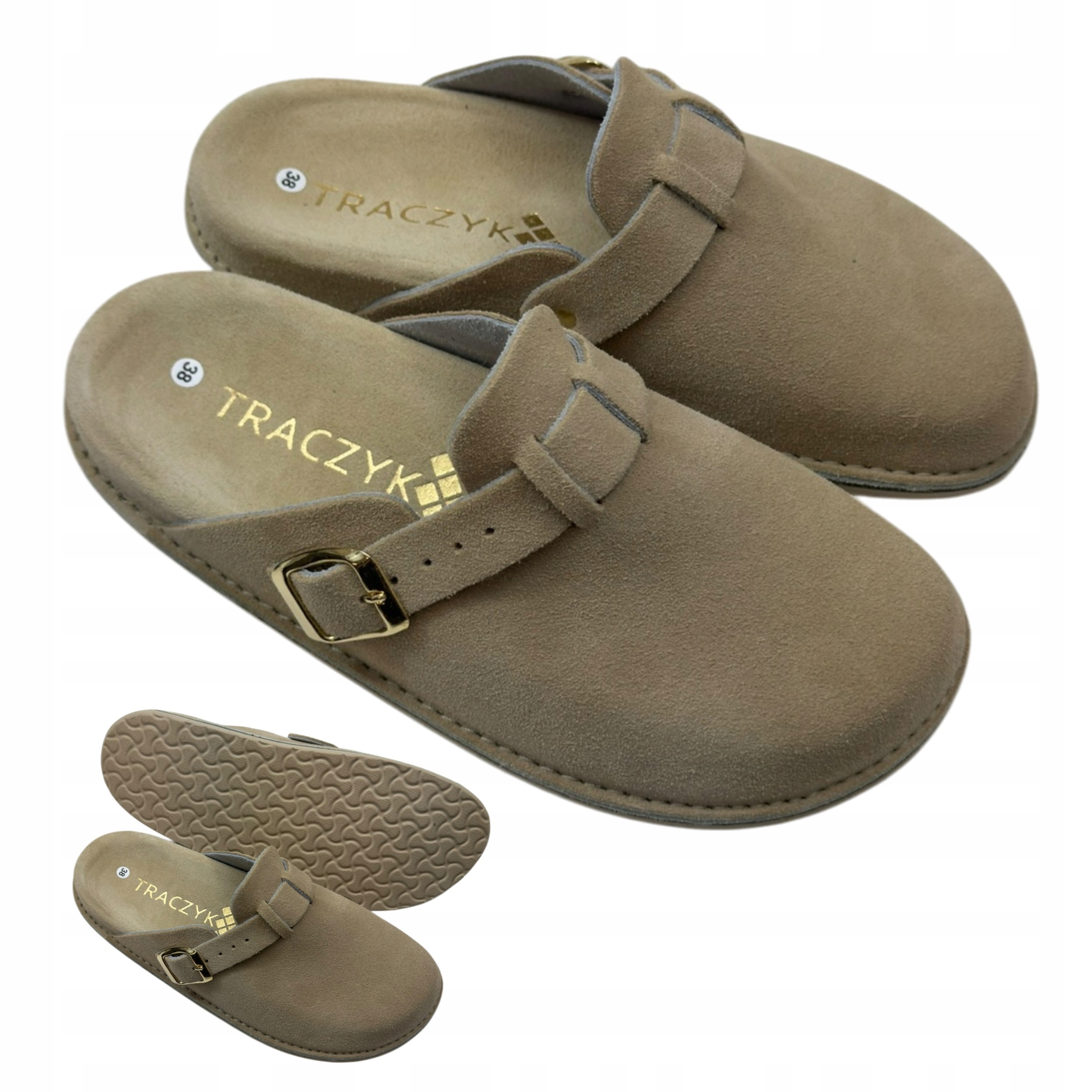 Klapki Traczyk Welurowe Ortopedyczne Zamszowe Skóra Naturalna Beżowe r.39