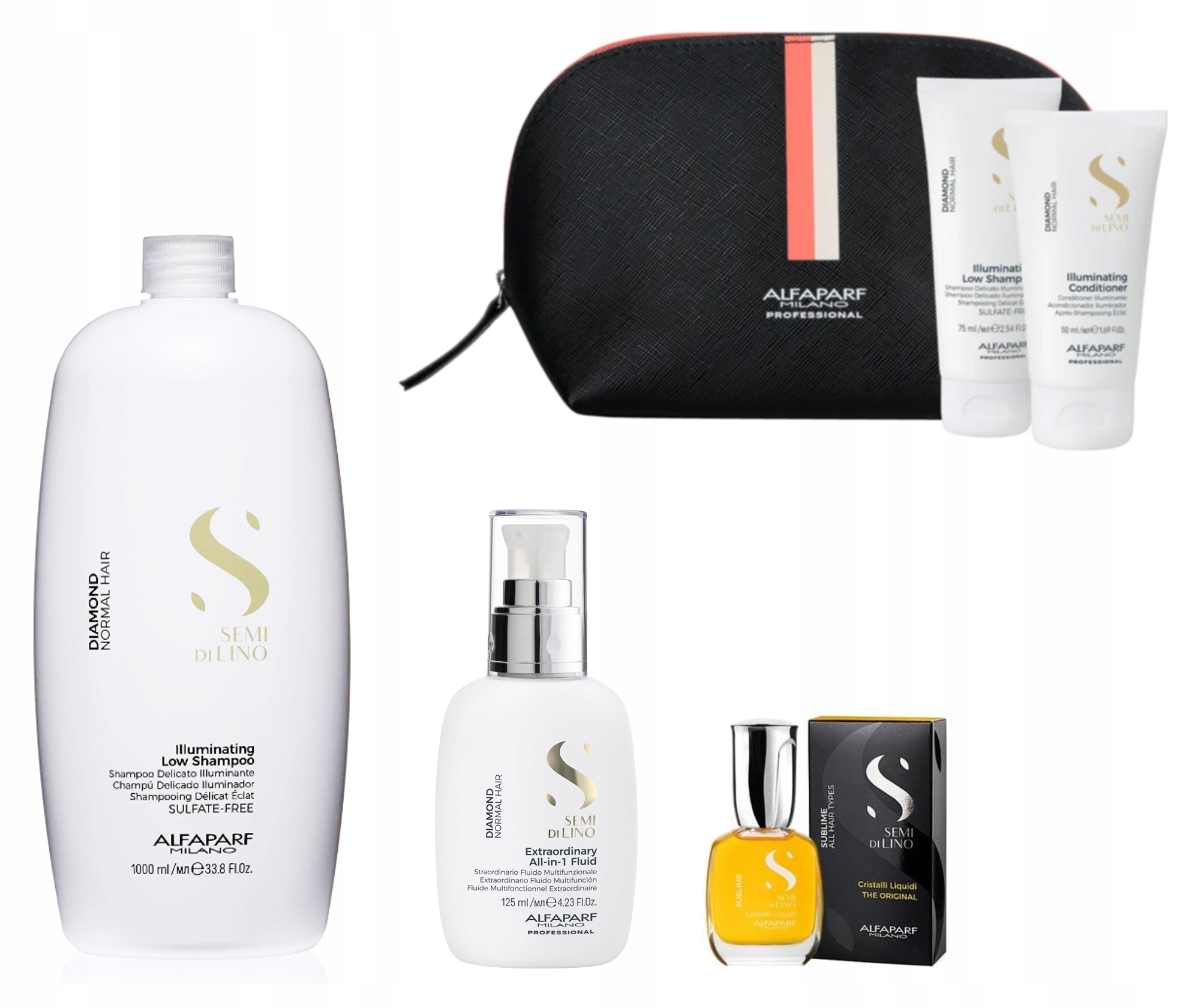 Alfaparf Semi Di Lino Diamond šampon fluid olej cestovní sada Bonus