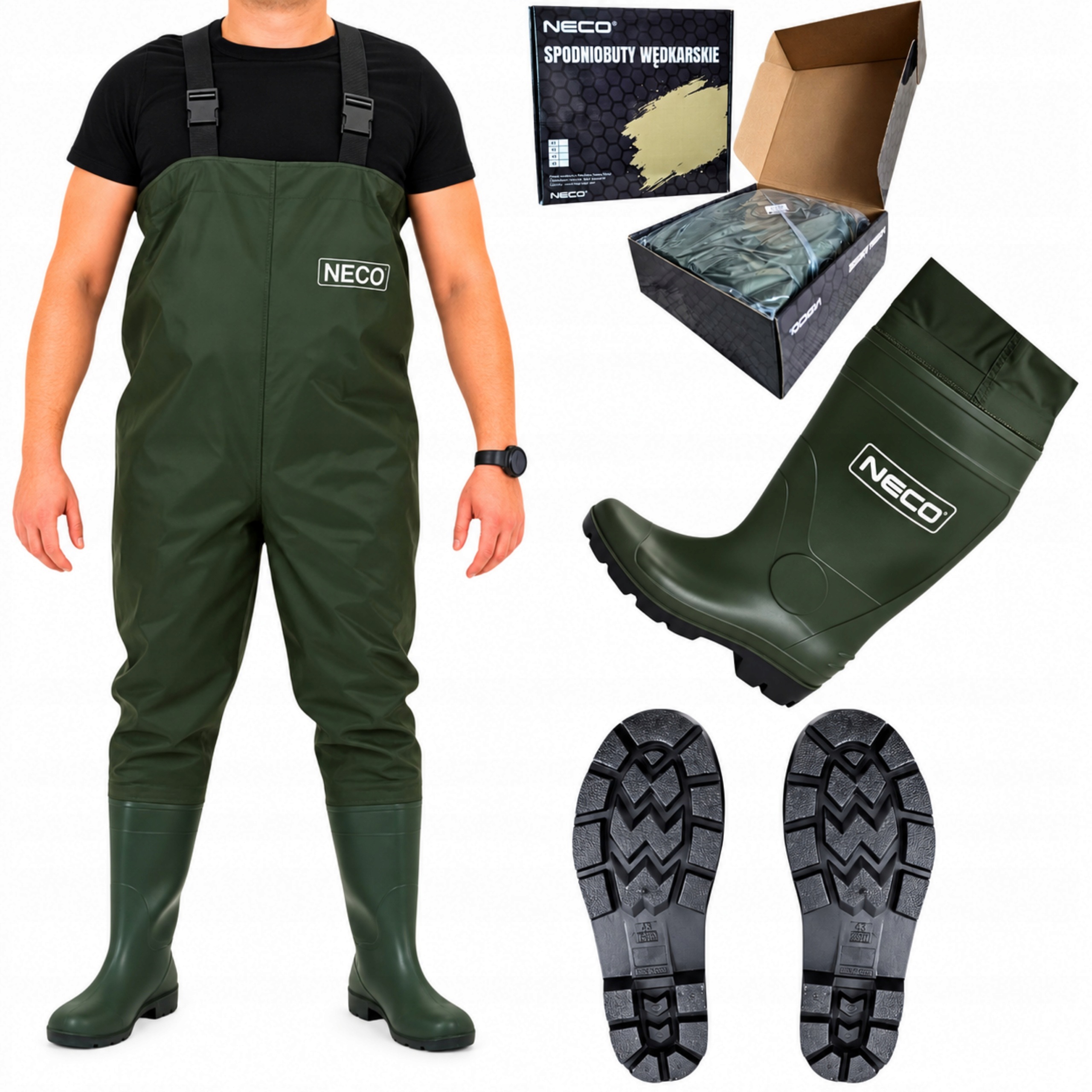 Spodniobuty Wędkarskie Neco Pvc 42 – Grube, Wodery, Wytrzymałe, z Szelkami