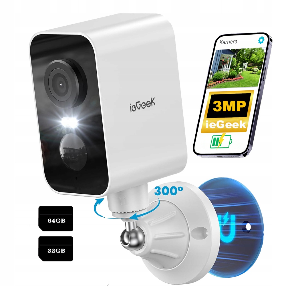 Kamera Zewnętrzna WiFi 3MPx 300 stopni WiFi kamera montaż magnetyczny Pir