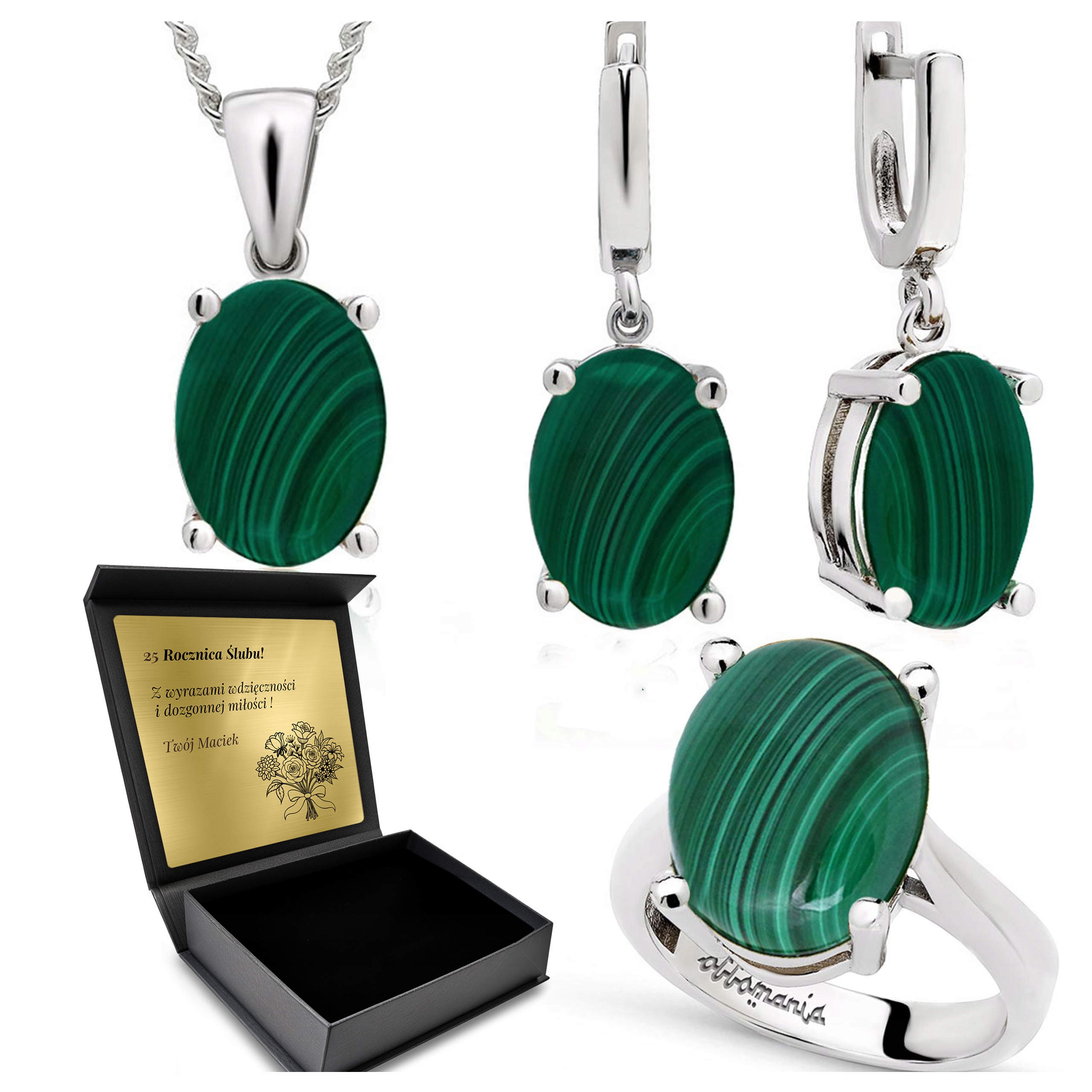 Komplet Stříbrných Šperků 925 Zirkony Malachit Dárek pro ženu Gravírování