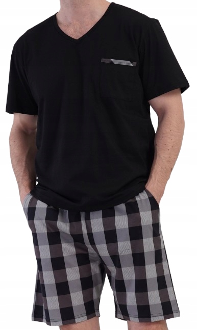 Klasické Pyžamo Tričko S Kapsou Výstřih Do V Kostkované Šortky XXL