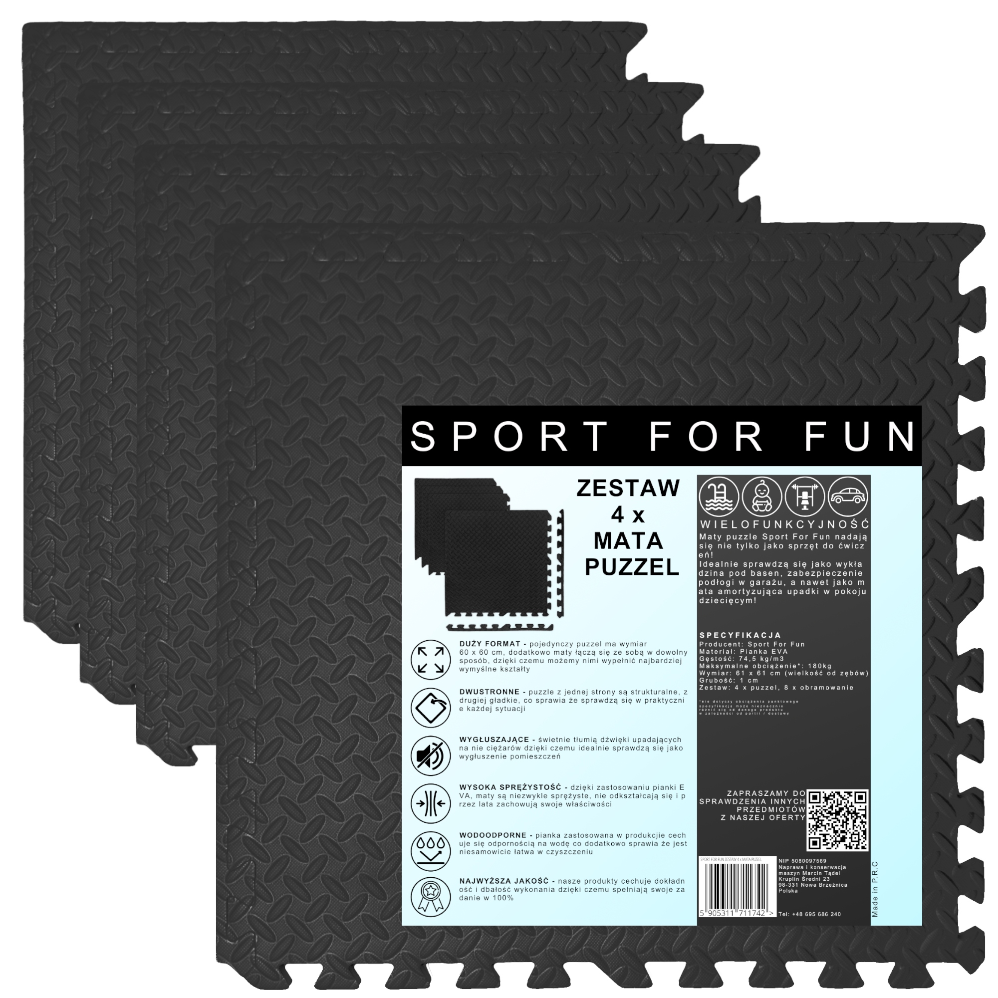 Mata puzzle Czarne 6 Szt pod sprzęt do ćwiczeń piankowe 60 cm ochronne Eva