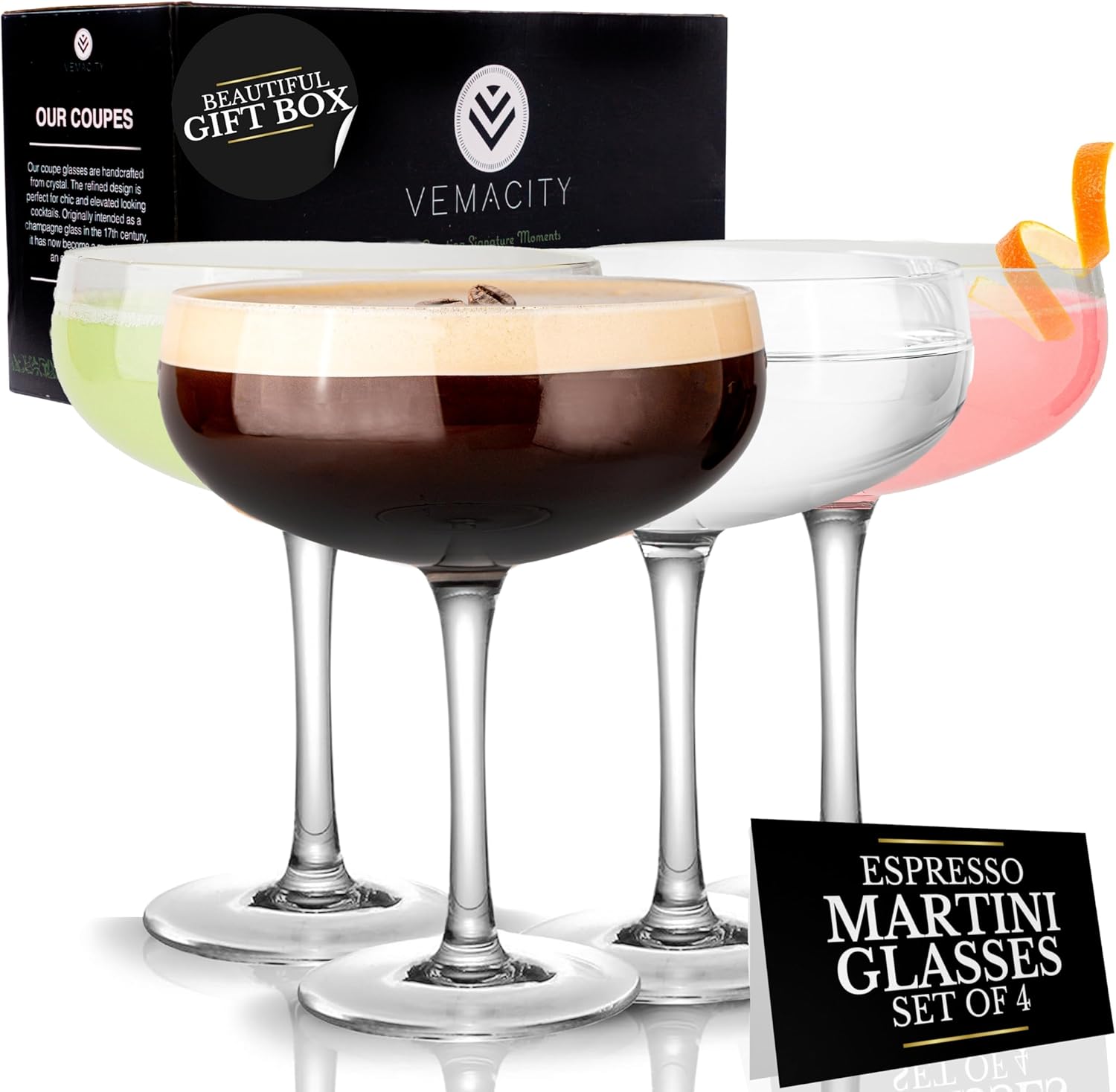 Skleničky na Martini koktejly 4ks prémiové skleněné Vemacity 220 ml