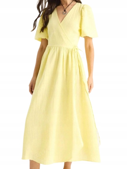 Žluté bavlněné šaty Shein s půl Šaty a zavinovacím rukávem, velikost S 1JA