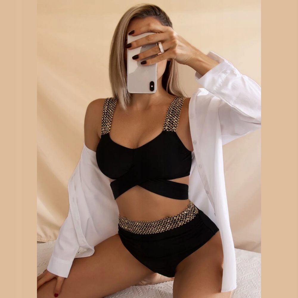 DWUCZĘŚCIOWY STRÓJ KĄPIELOWY KOSTIUM DAMSKI BIKINI WIĄZANIE WYSOKI STAN L Materiał dominujący poliester