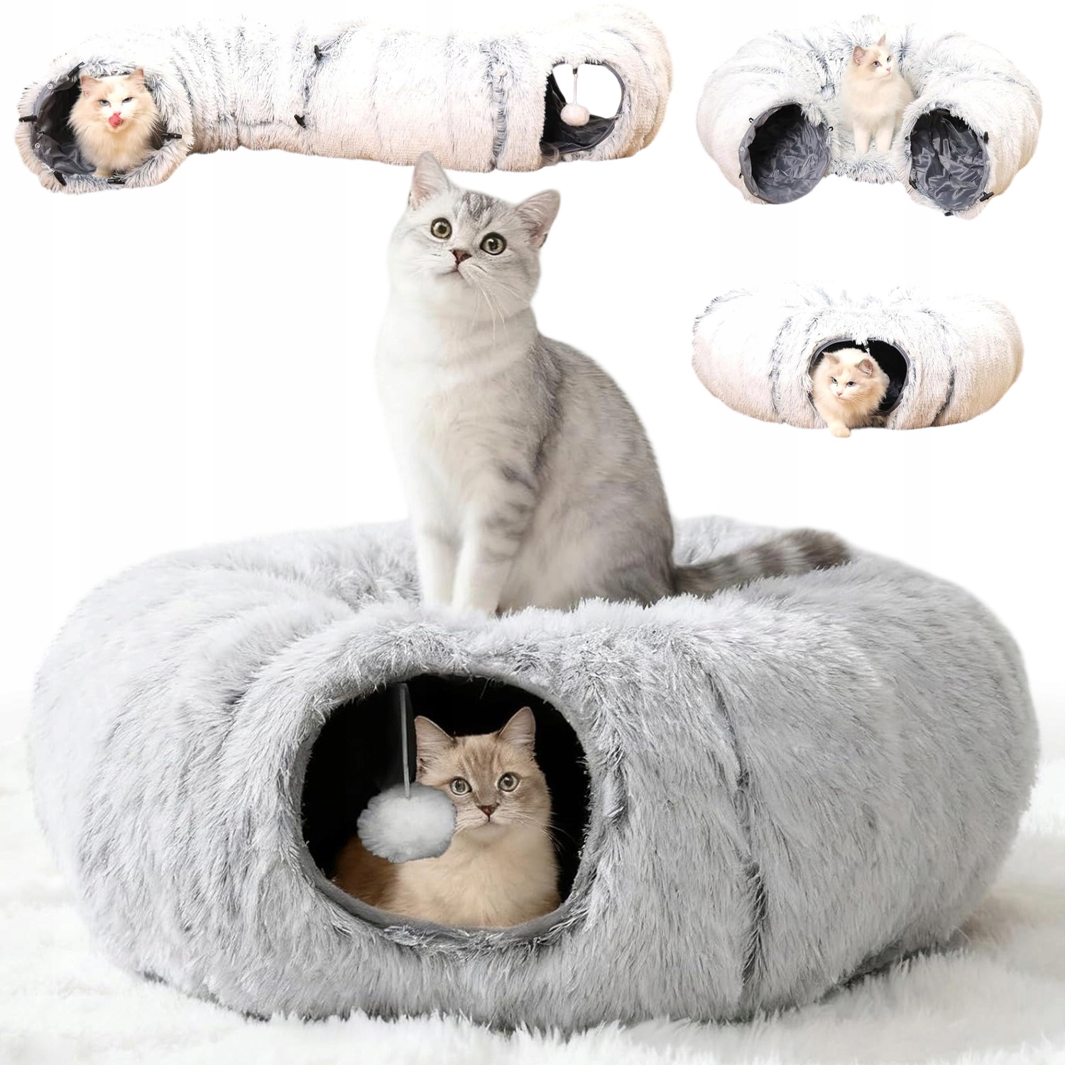 Levně Skládací Tunel Pro Kočky S Plyšovým Pelíškem, Šedý, Se Zvukovým Efektem