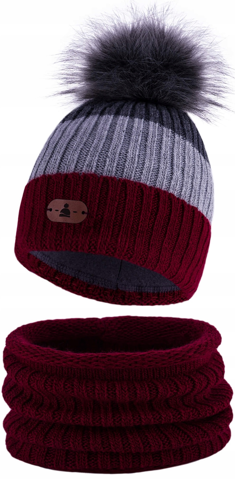 

Czapka zimowa w Paski komin Bordowy 46-50