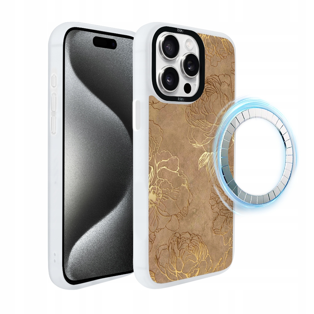 Pouzdro pro iPhone 15 Pro Ibizu DropGuard Matt s MagSafe, zlaté pivoňky, bílé