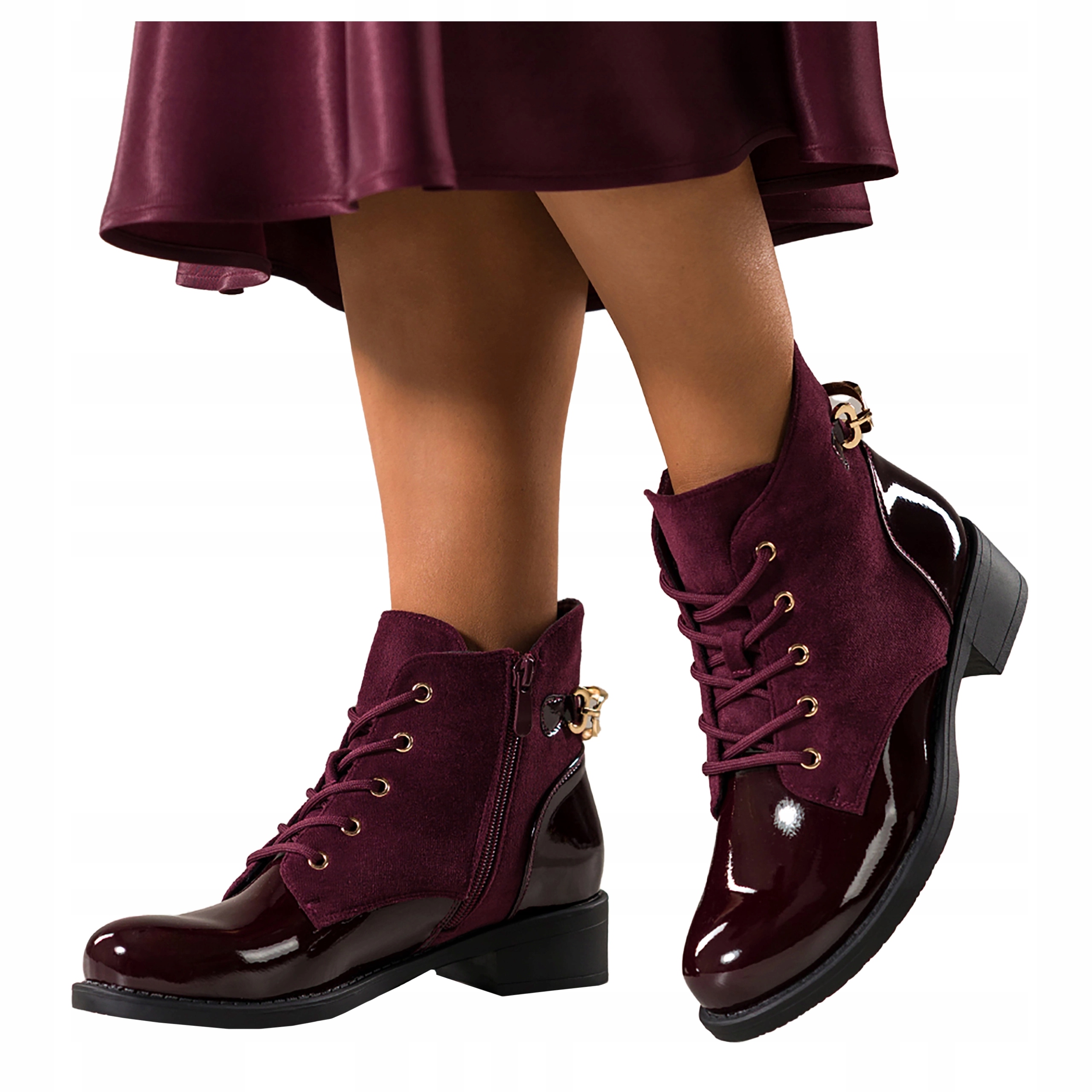 Bordové dámské kotníkové boty Lakované Pohodlné Nízký Klocek Zlatá Ozdoba r 36