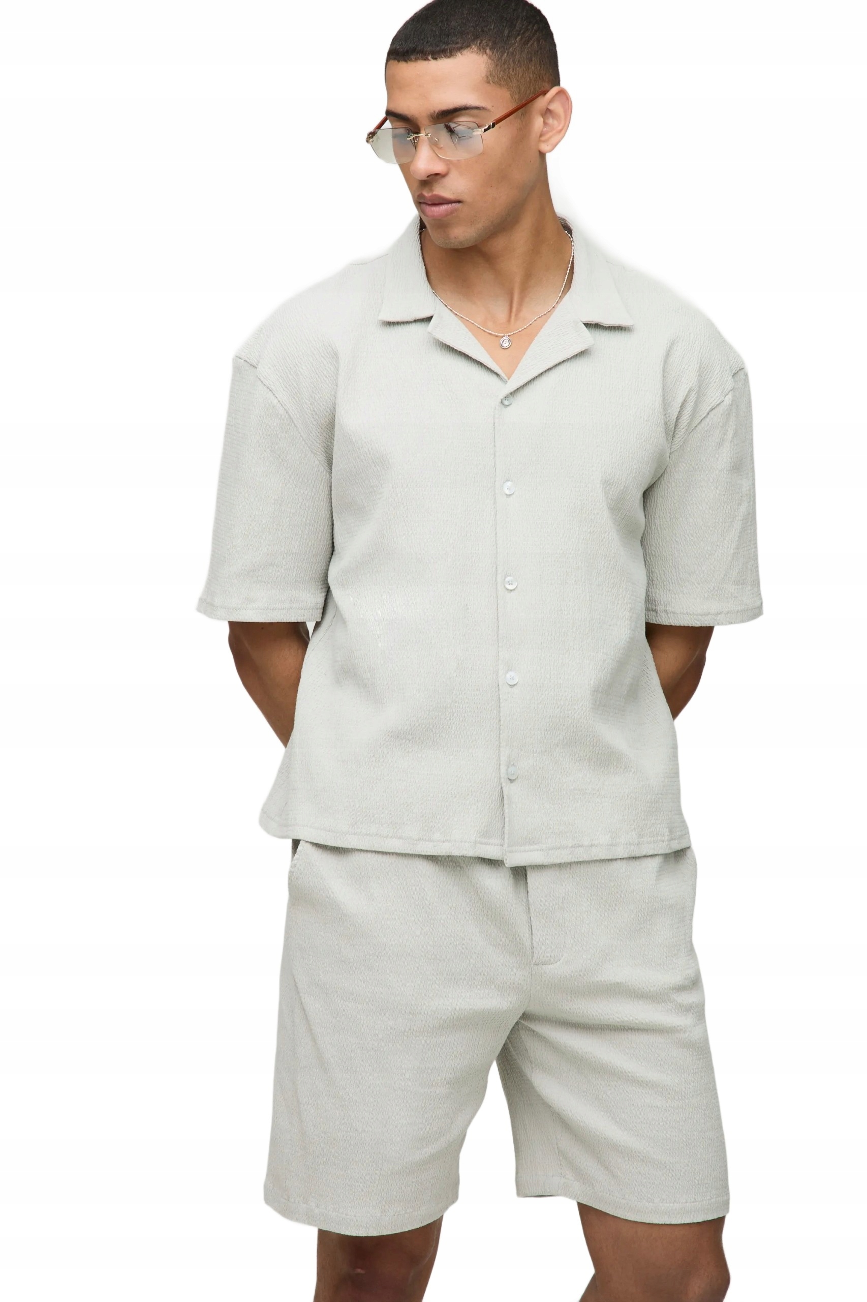 Boohooman Komplet Pánská Košile A Šortky Béžová Bez Vzoru XL Z3A