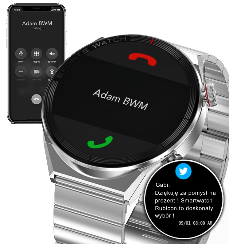 SMARTWATCH MĘSKI ZEGAREK ROZMOWY SMS POLSKIE MENU MOCNA BATERIA + SŁUCHAWKI Marka Rubicon