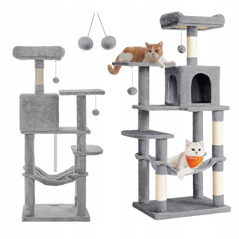 Drapak dla kota Wysoki legowisko słupek Wieża do drapania 143cm Jasnoszary