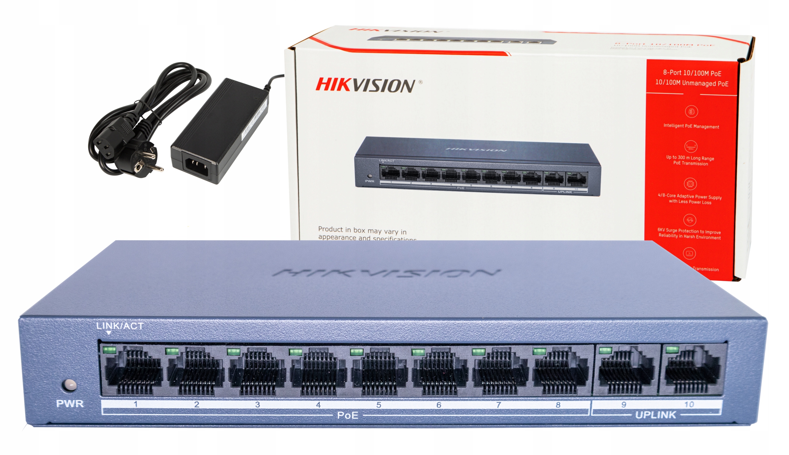 Switch Poe 8x Poe 2x Uplink Hikvision Pro Kamery 10/100Mbps Fast Ethernet