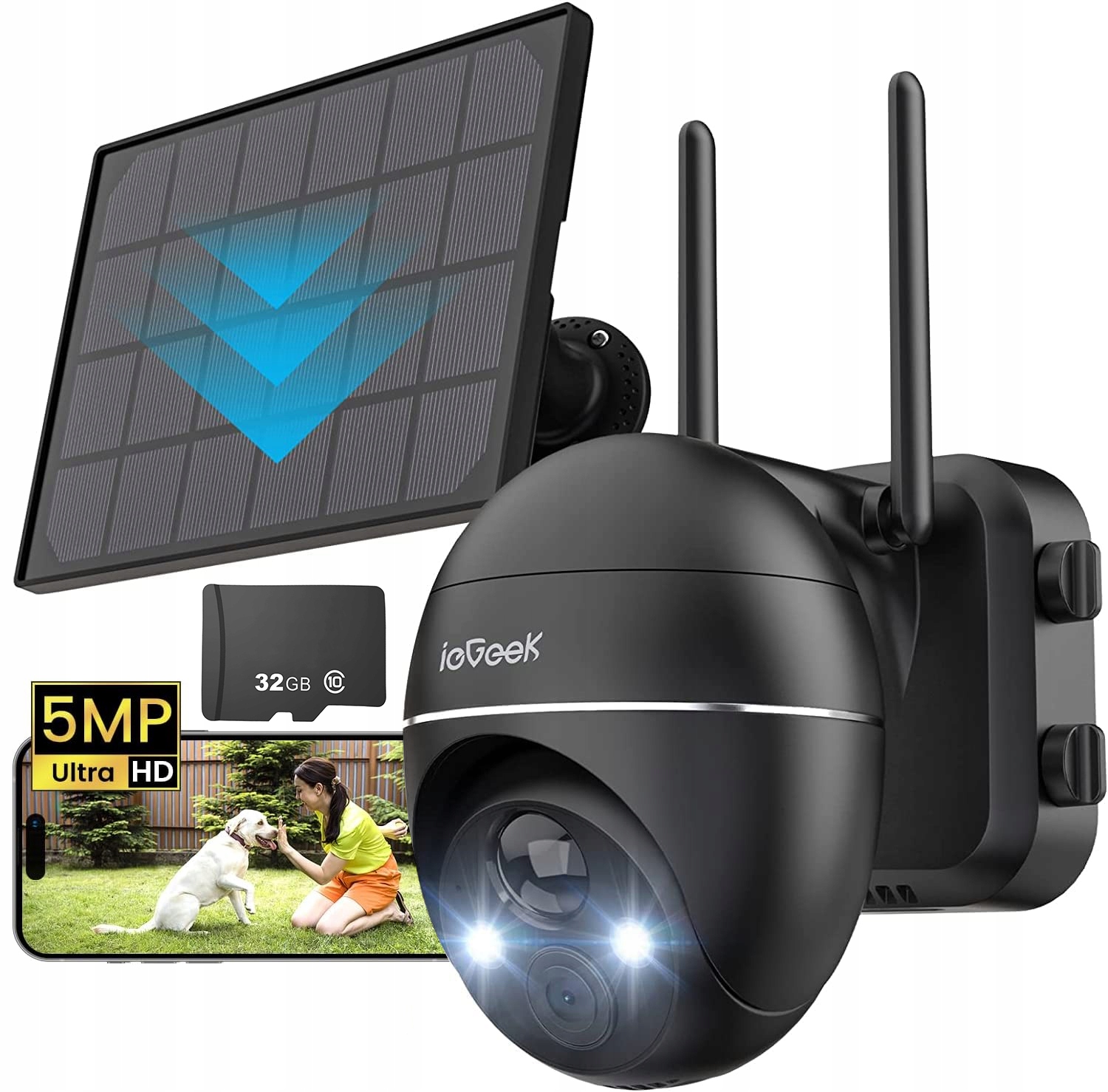 5MPx venkovní solární WiFi Ip Pir kamera Otočná Zoom Bezdrátová 64GB