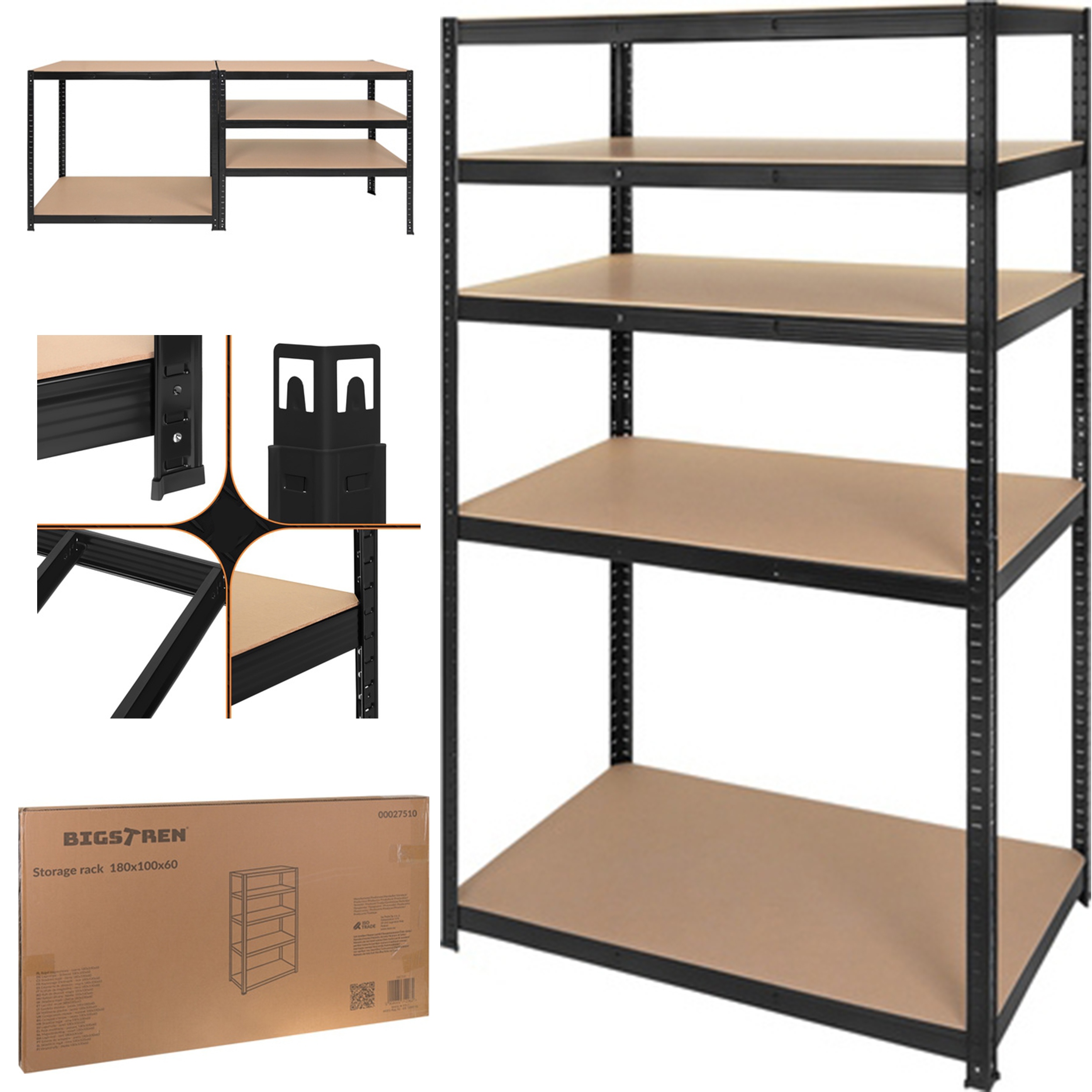 Skladový regál Pako 180x100x60 cm 5 Polic Nosnost 1000 kg Černý