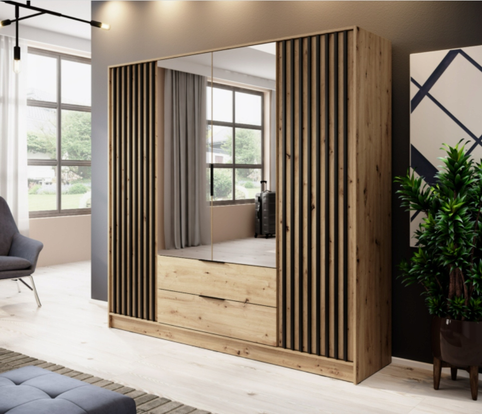 Szafa Lamele 206 cm Dąb Artisan + Lustro NELA PS