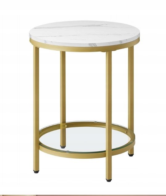 Boční konferenční stolek Vasagle kulatý skleněný bílý mramor zlatý