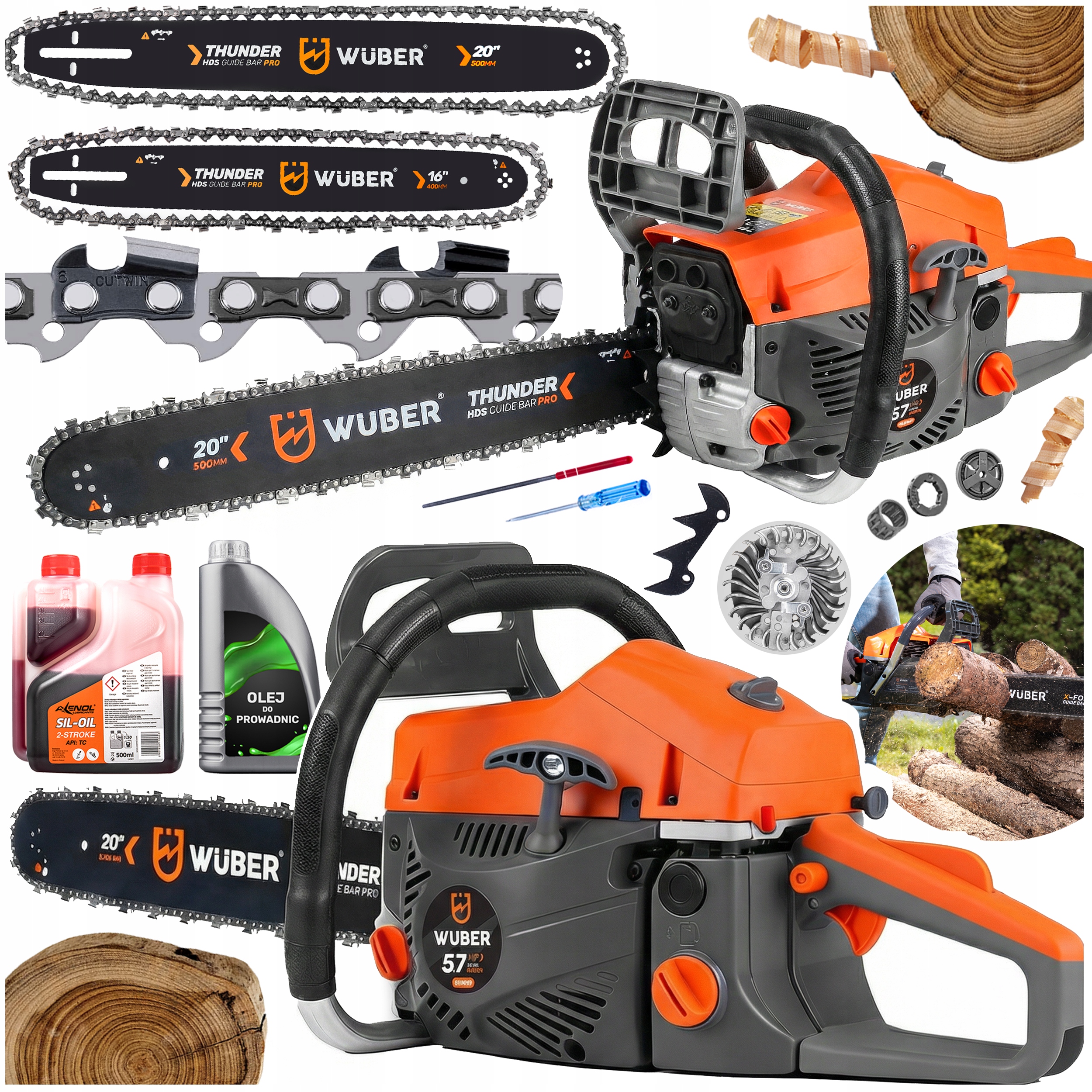 Piła Spalinowa Pilarka Do Drewna Łańcuchowa 5,7KM +2 Prowad +olej +2x Łańc.