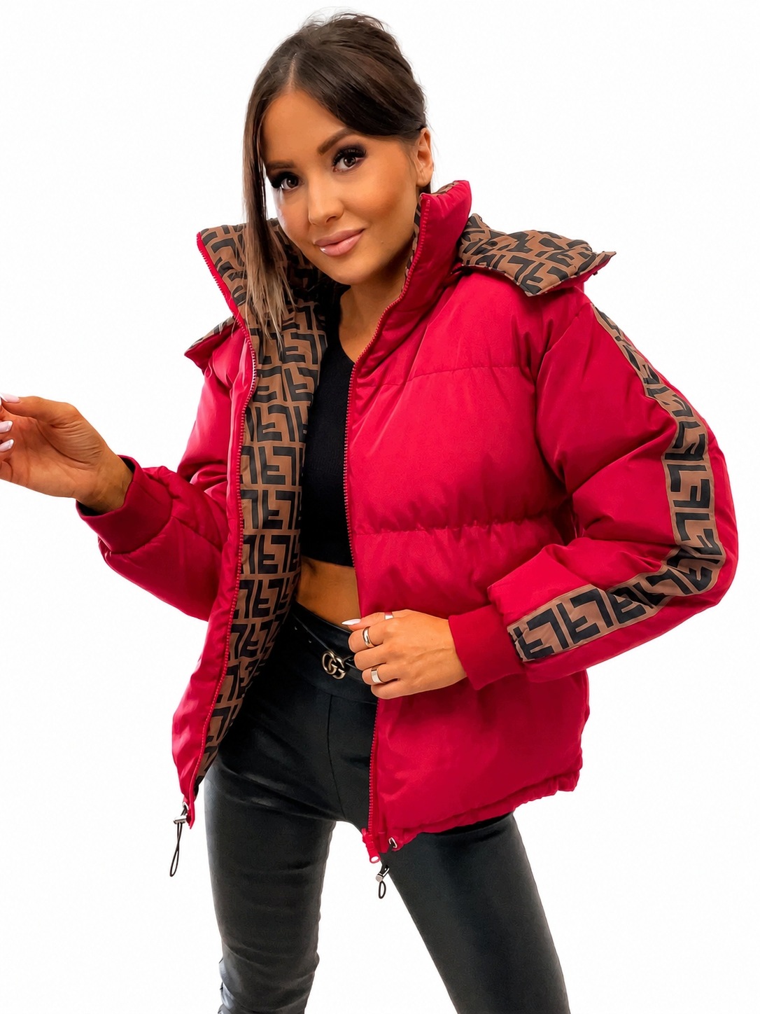 0026 Dámská oboustranná oversize prošívaná bunda s kapucí Červená L