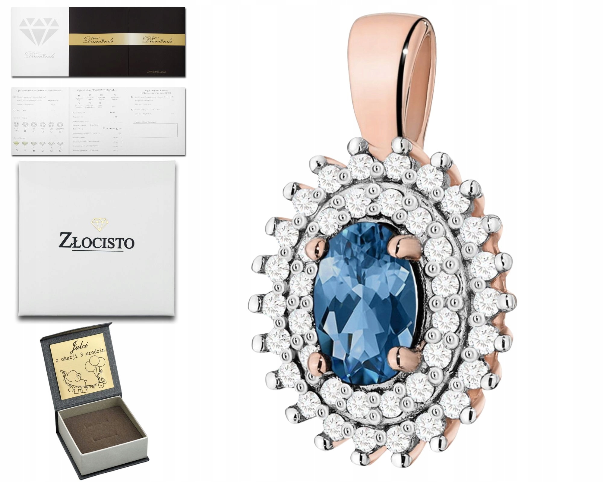 Přívěsek Z Růžového Zlata Topaz London Blue A Diamanty