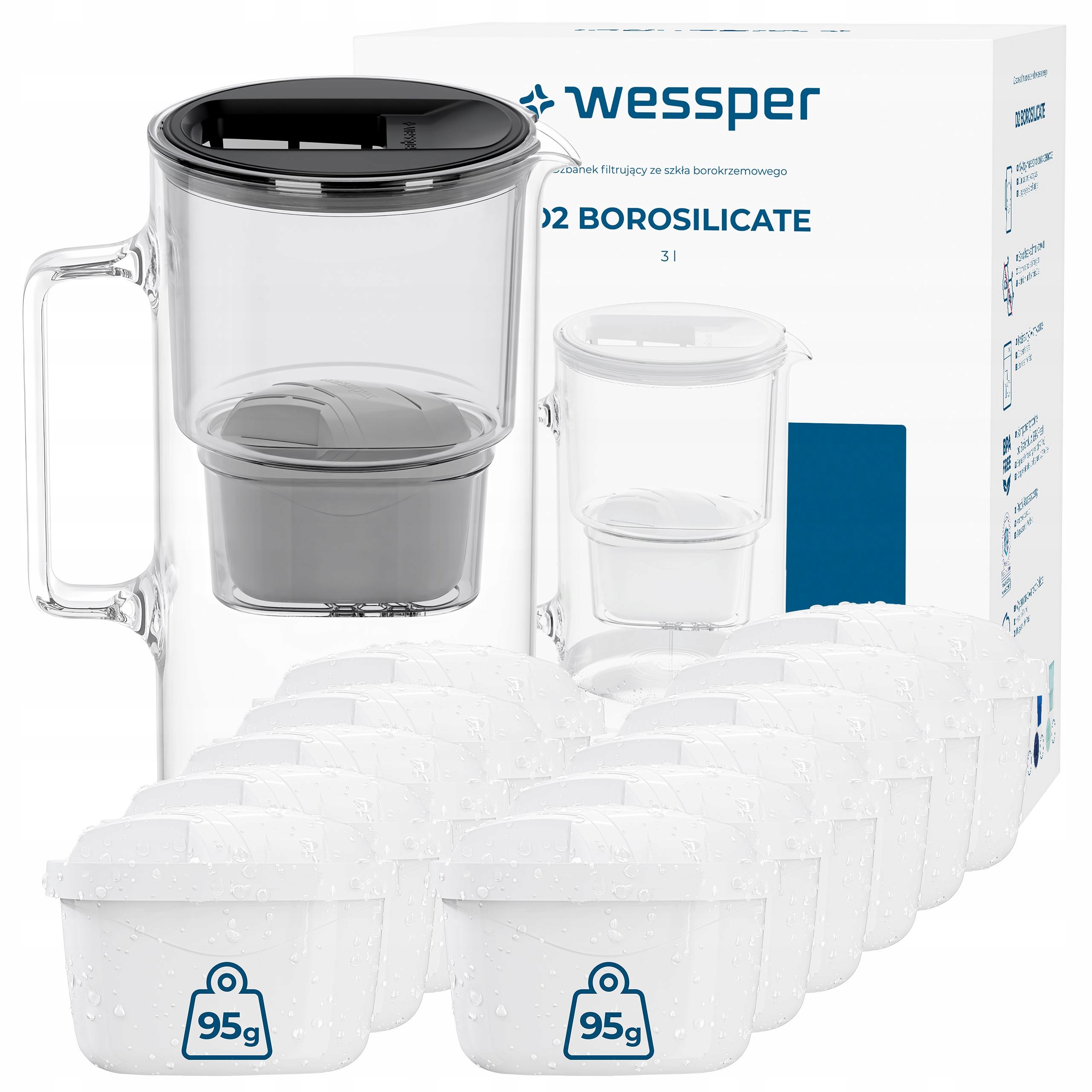 Skleněná filtrační konvice Wessper D2 Borosilicate 3 l černá 12x filtr