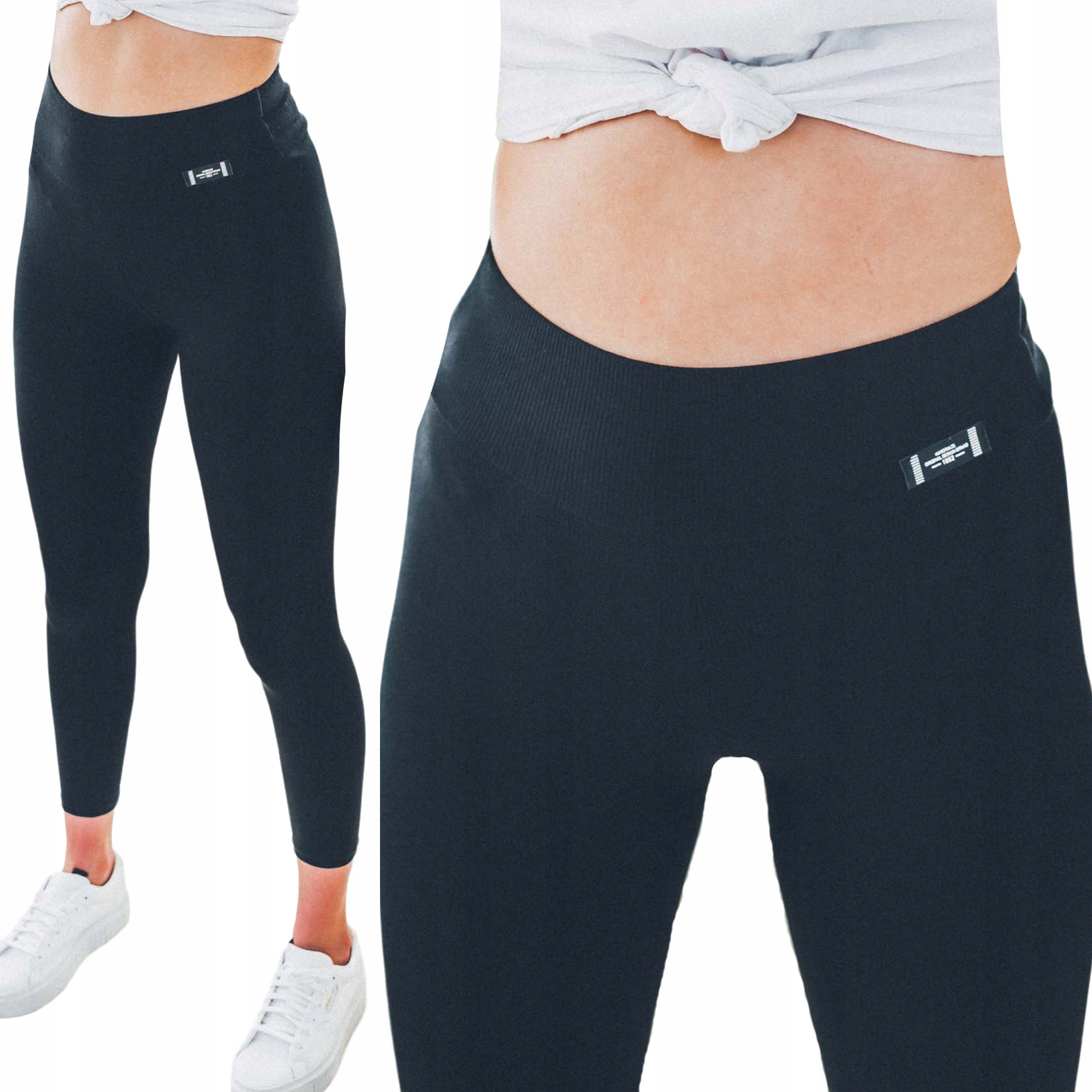 

Czarne prążkowane legginsy damskie stan up S/m