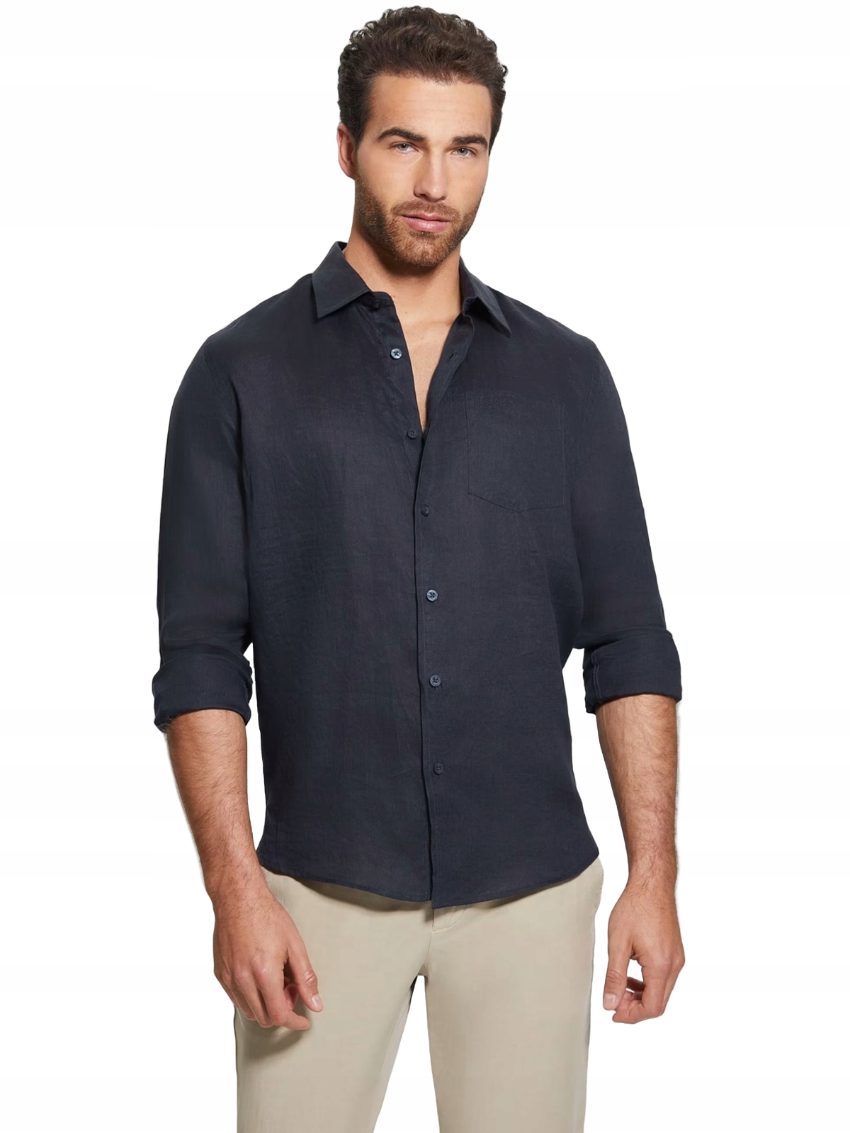 Guess Klasická Pánská Lněná Košile Tmavě Modrá