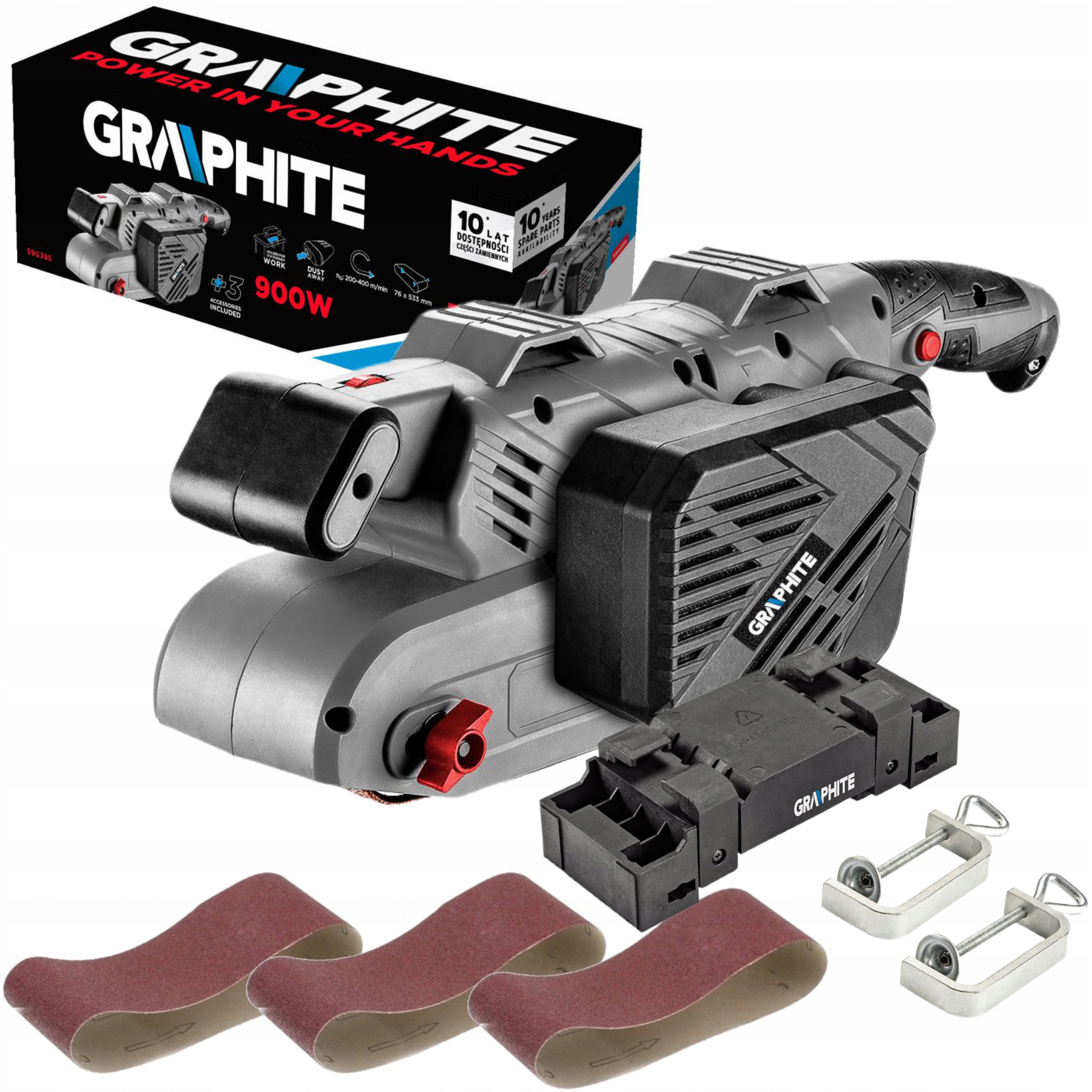 GRAPHITE SZLIFIERKA TAŚMOWA TAŚMÓWKA CZOŁG 900W 76x533mm REGULACJA +3 TAŚMY