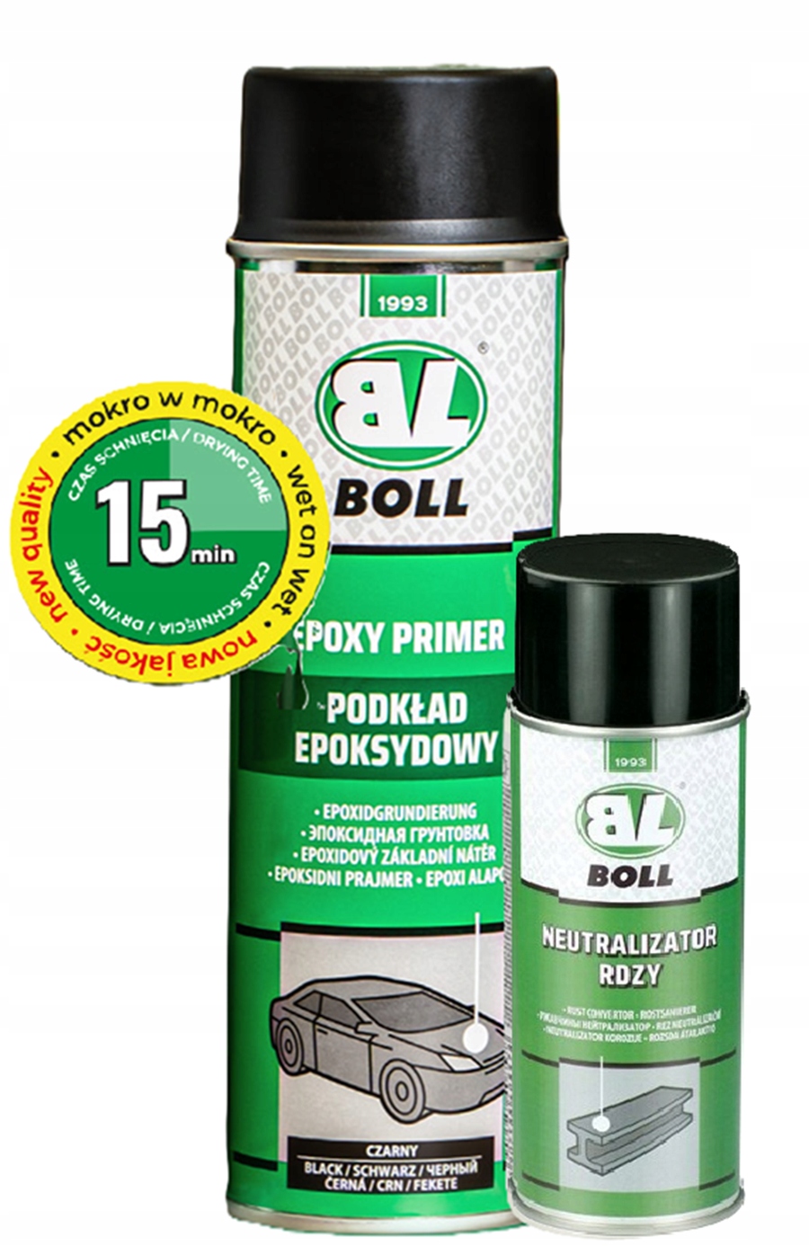 Podkład epoksydowy spray czarny 500ml+neutralizator rdzy spray 400 ml Boll