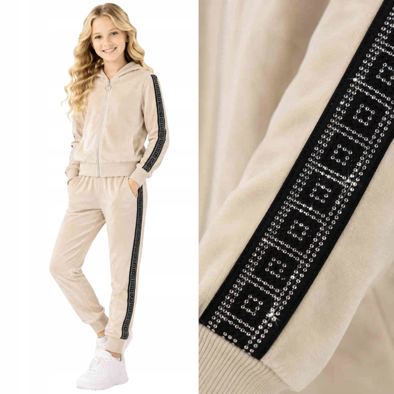 Dziewczęcy Dres Welurowy z taśmami Komplet bluza na zamek i spodnie 140
