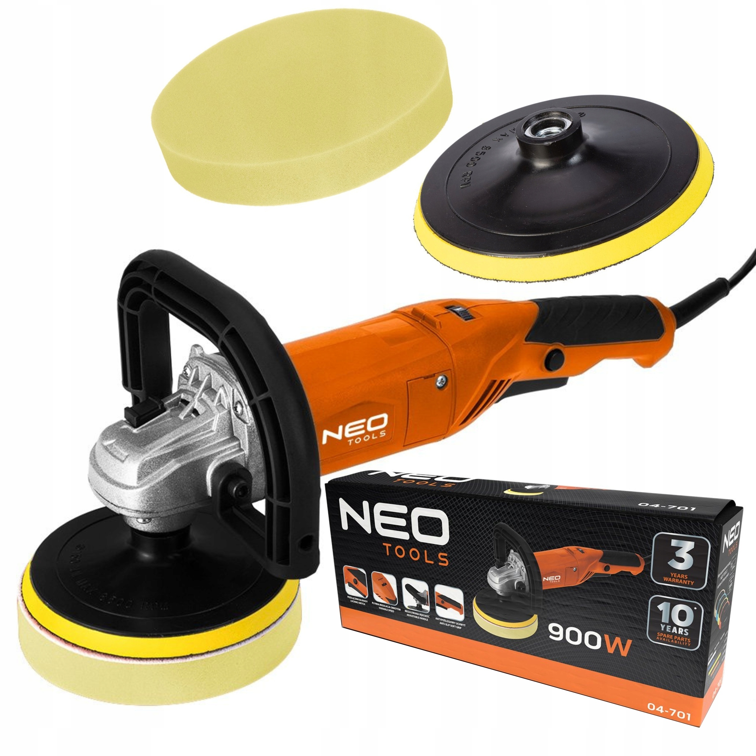 NEO POLERKA SAMOCHODOWA MIMOŚRODOWA 900W 150mm REGULACJA OBROTÓW +3 KRĄŻKI