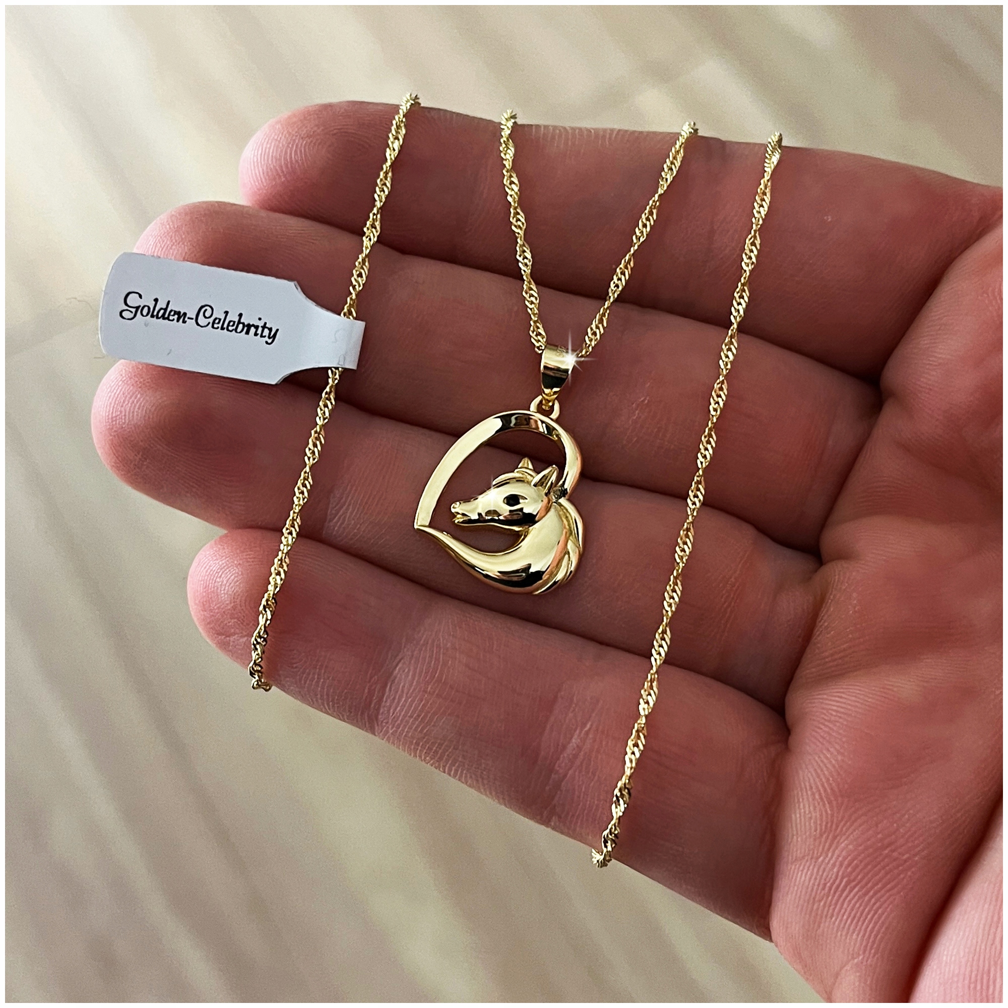 ZŁOTY ŁAŃCUSZEK SINGAPUR+ZAWIESZKA KOŃ SREBRO 925 ZŁOTO 585 ZŁOCONY PREZENT Marka Golden Celebrity