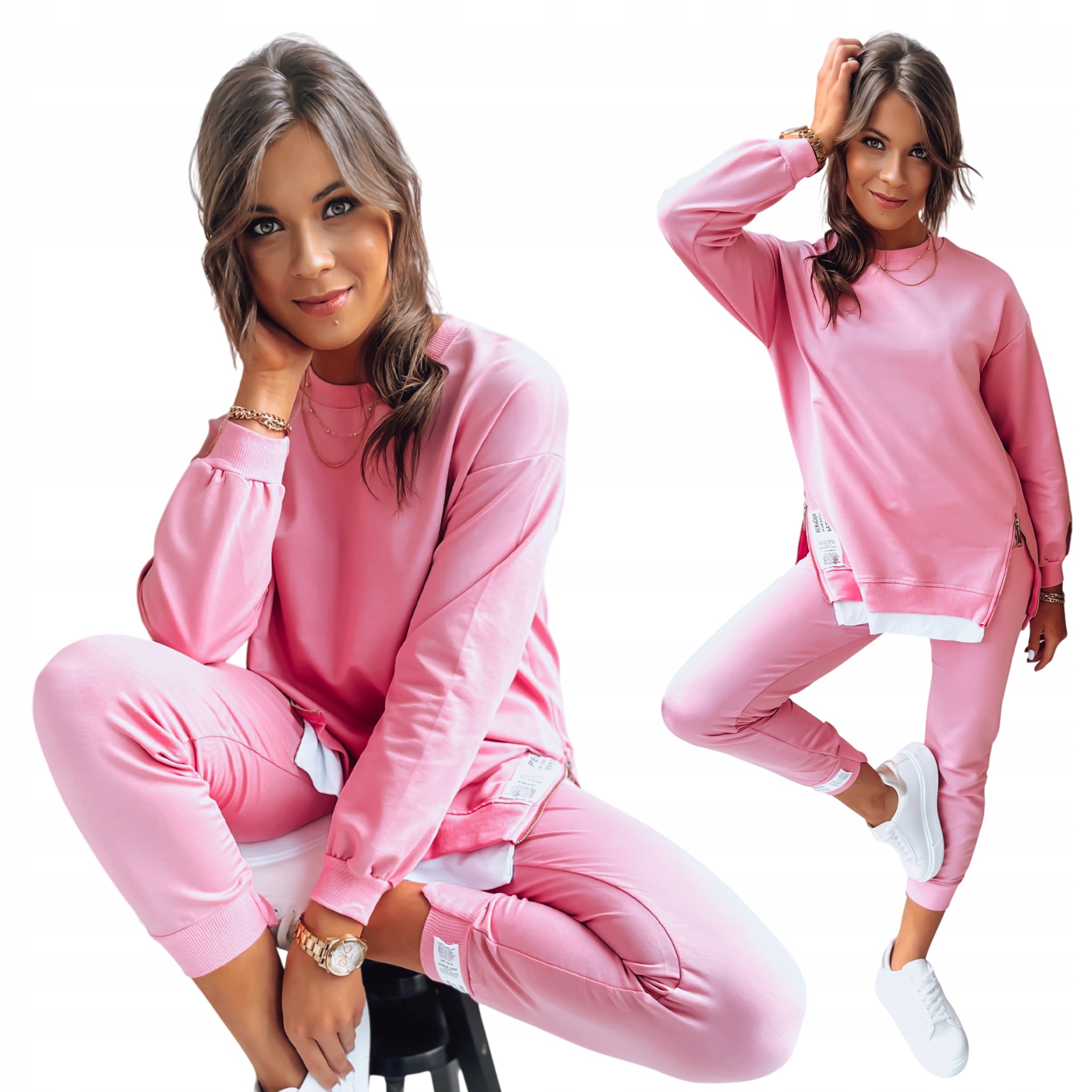 Komplet dresowy damski bluza z zamkami po bokach różowy AY0851 L