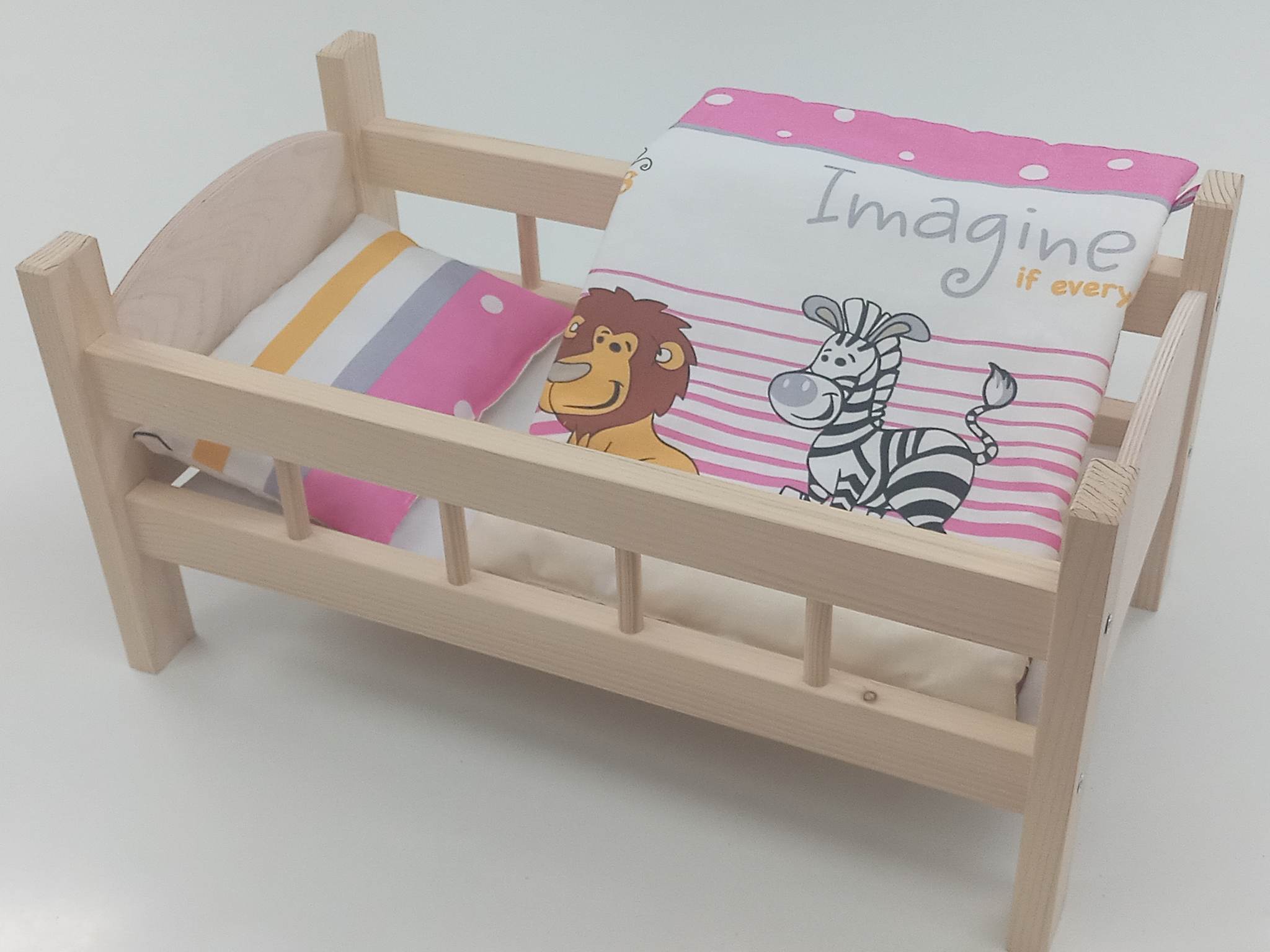 ŁÓŻECZKO DREWNIANE DUŻE dla lalek POŚCIEL 3 EL.