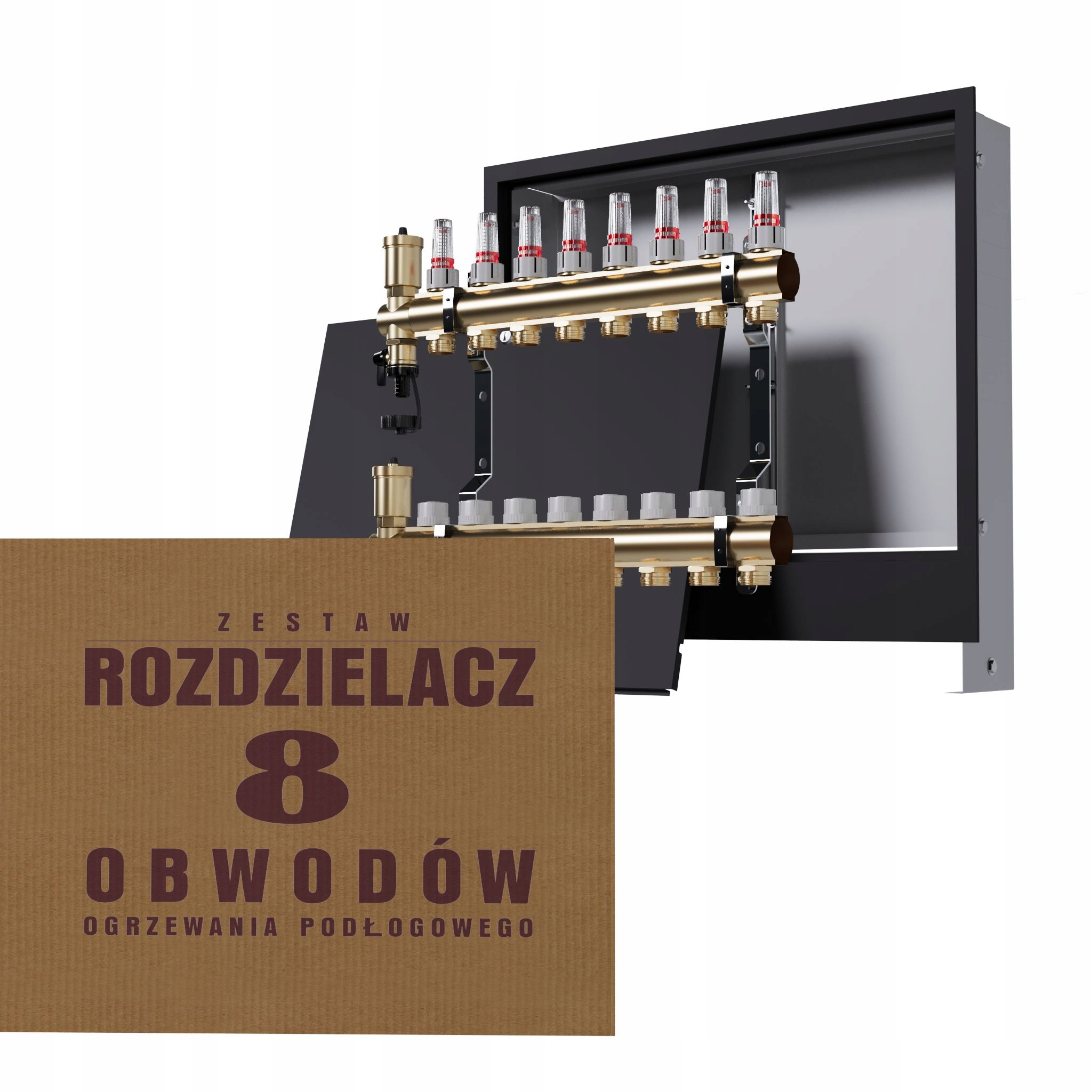 Rozdělovač pro mosaznou podlahu s 8 obvody a podomítkovou skříňkou, černý