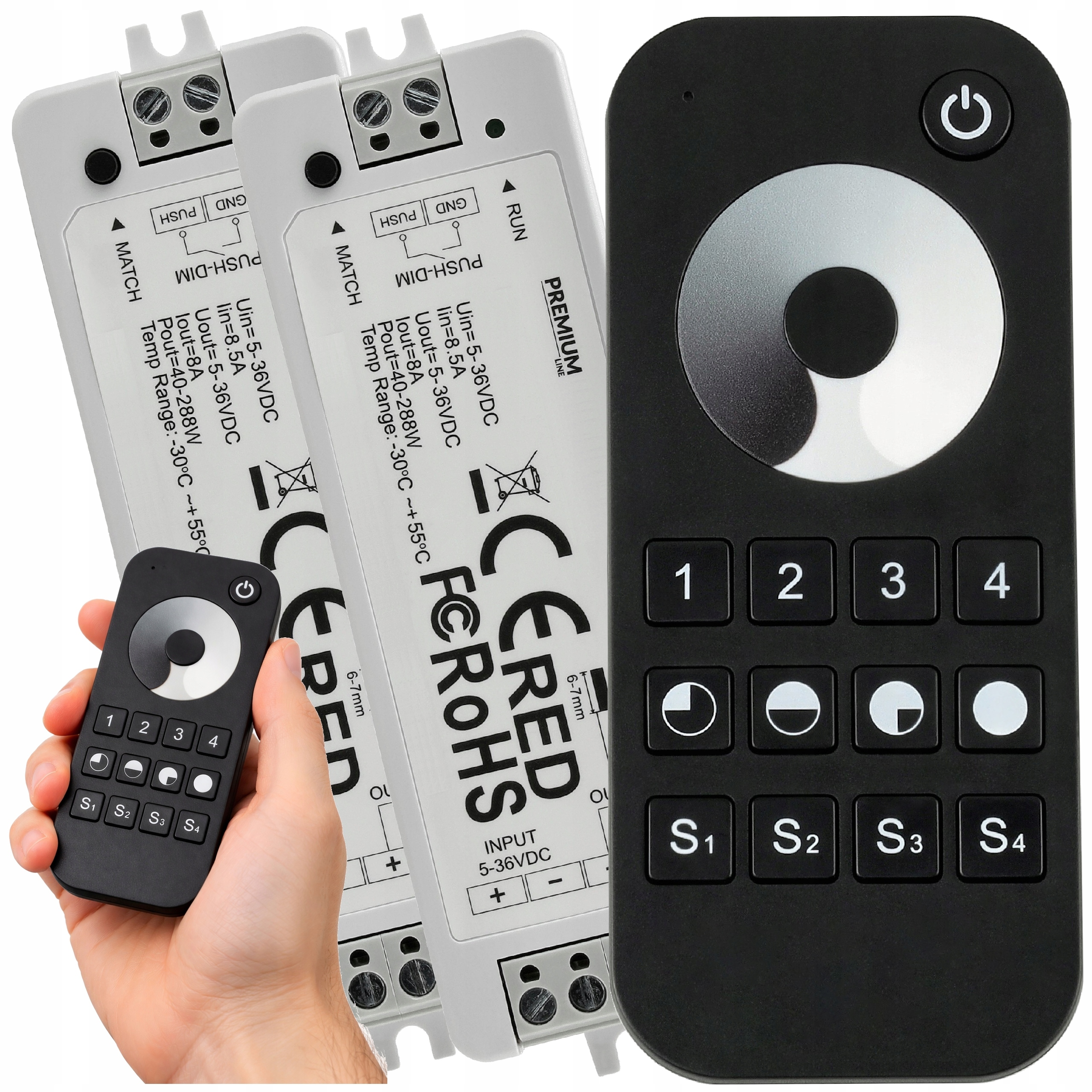 Dálkový Ovladač Rádiový stmívač pro Led pásky Cob 4 zóny +2x Ovladač 8A