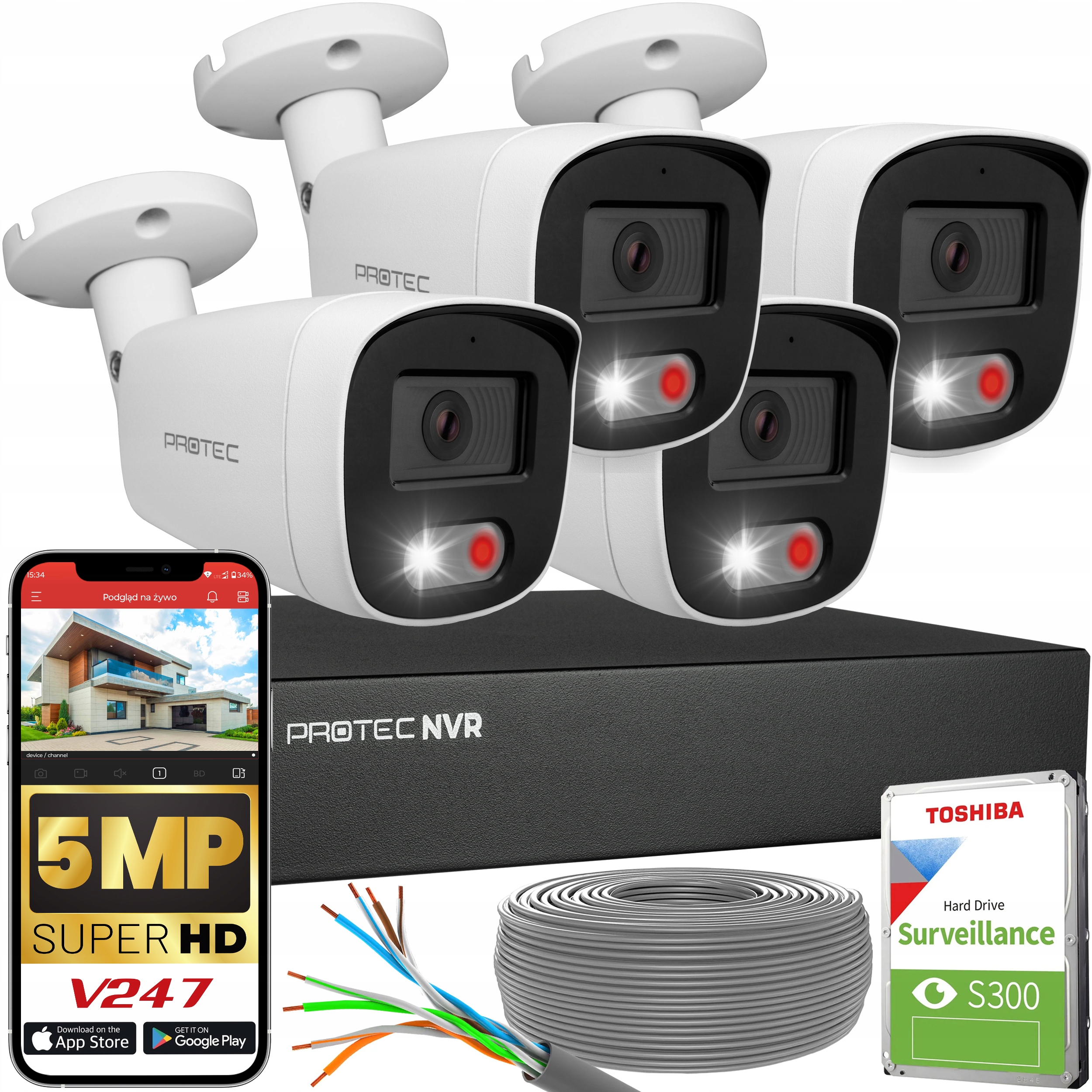 Zestaw do monitoringu 4 kamery Ip Poe 5Mpx zewnętrzne dysk Hdd 1TB detekcja